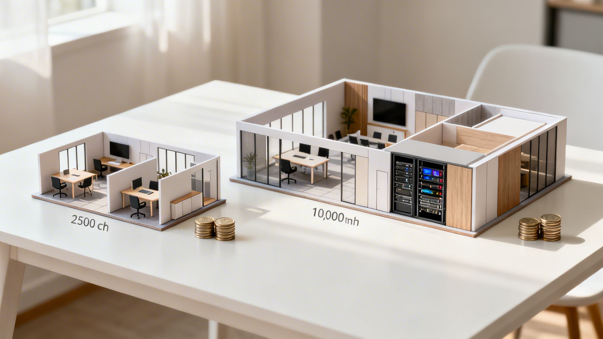 Two miniature office models on a white table, showing different sizes with stacks of coins.