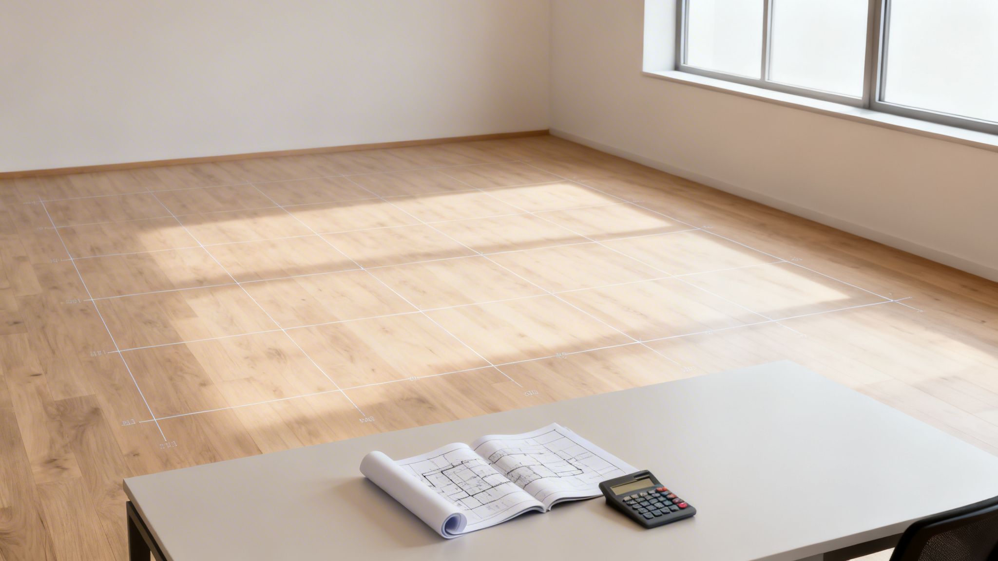 An empty room with wooden flooring, a virtual grid, blueprints, and a calculator on a desk, for space planning.