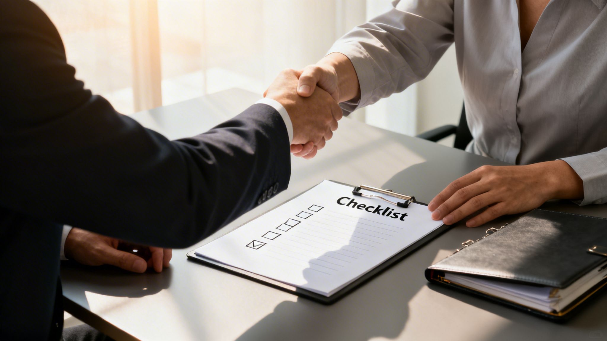 Two business professionals shaking hands over a desk with a checklist, signifying a successful agreement.