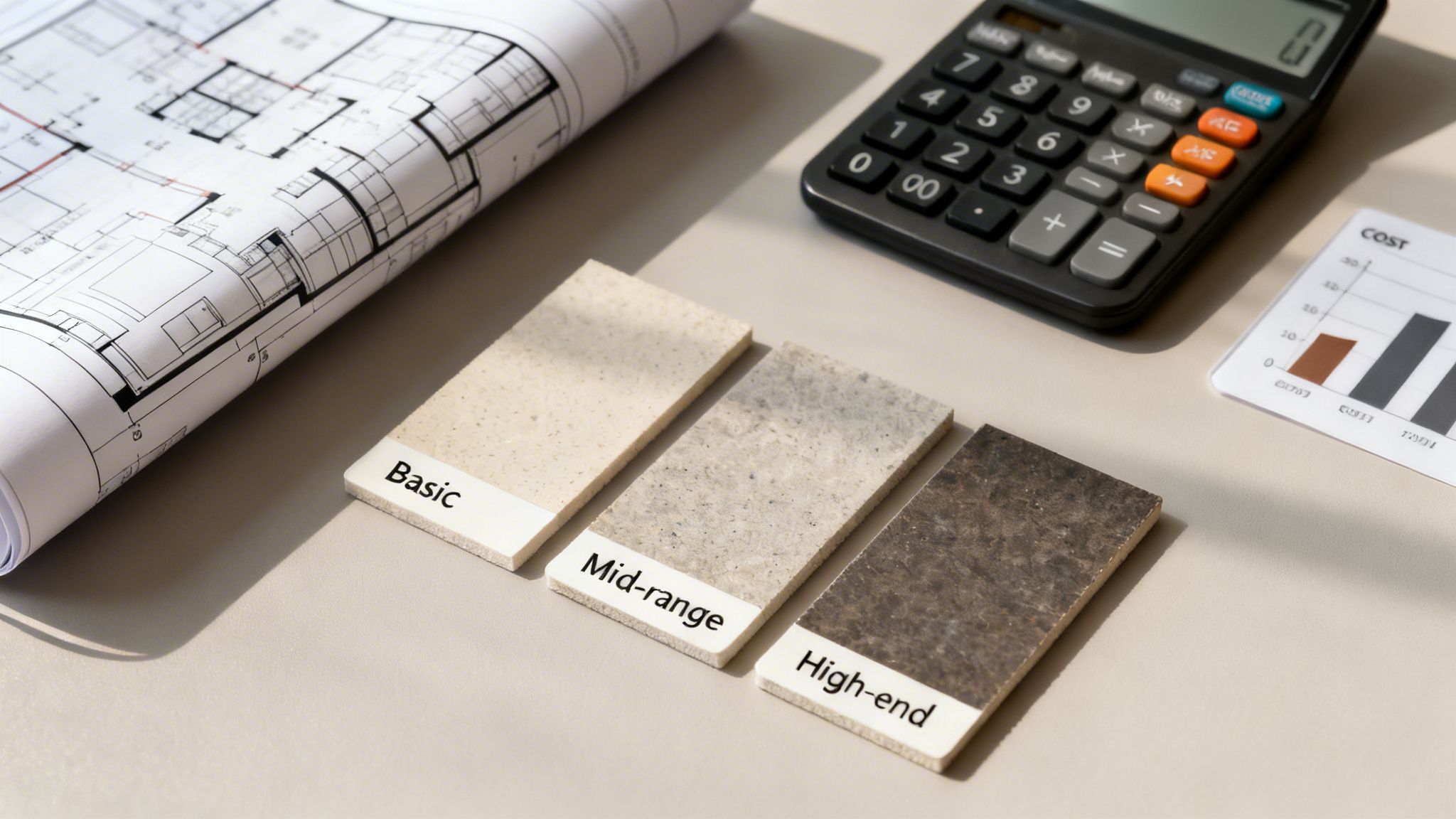 Architectural plans, material samples for different price ranges, a calculator, and a cost chart.