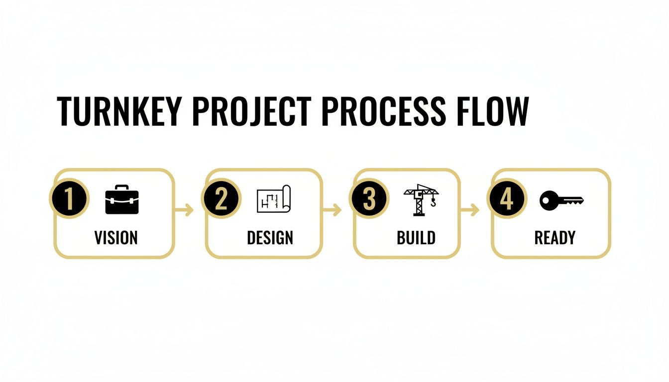 A visual flowchart detailing the four-step turnkey project process: Vision, Design, Build, Ready.
