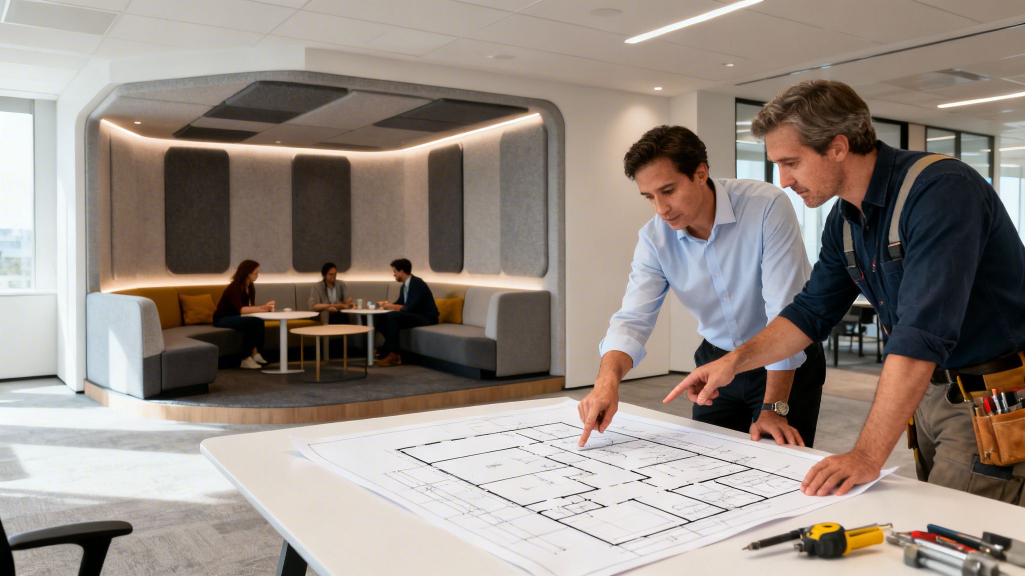 Two men, one in a shirt and one in overalls, review building blueprints in an office.