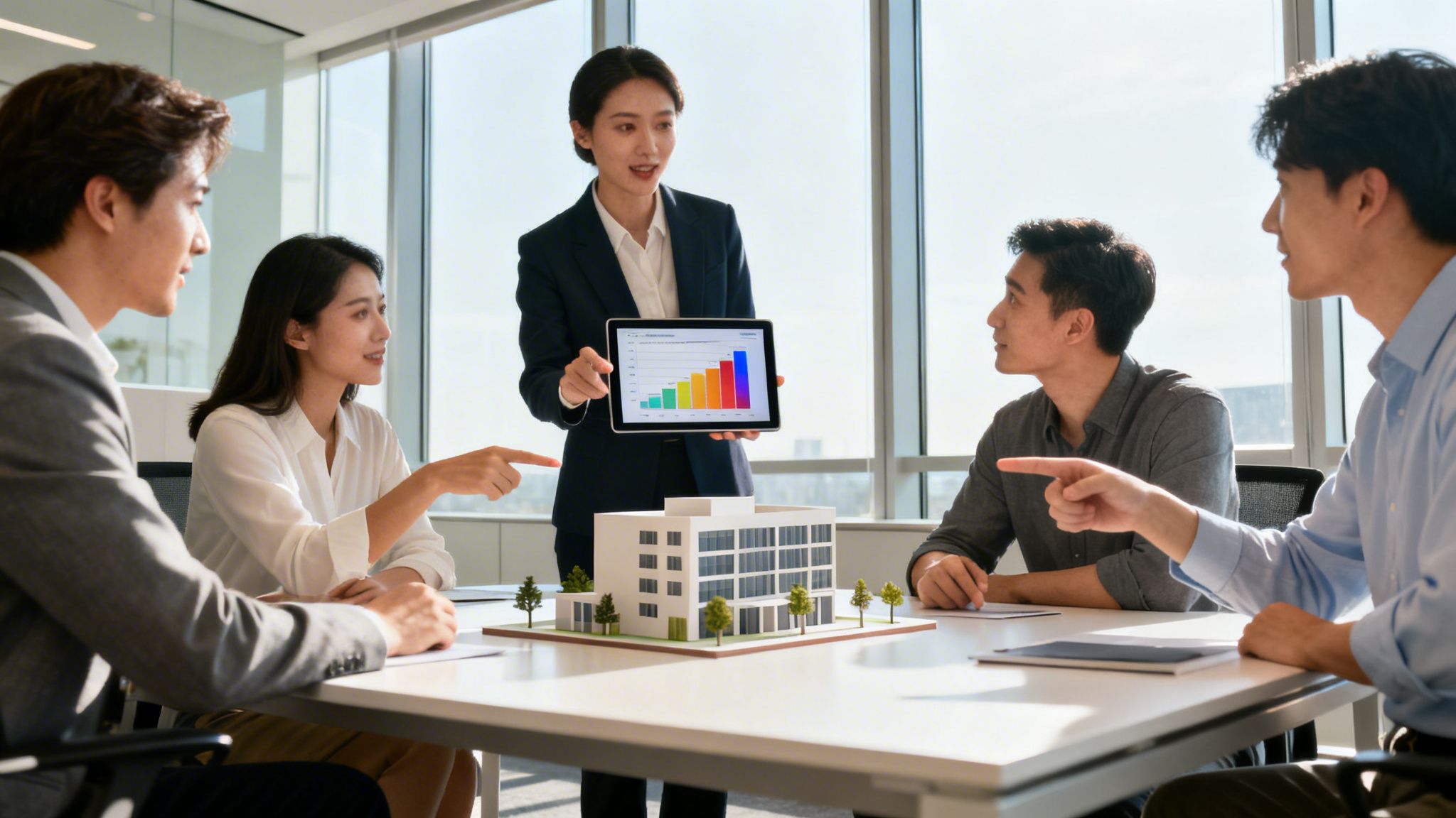 Five business professionals discuss a building model and presentation in a bright, modern office.