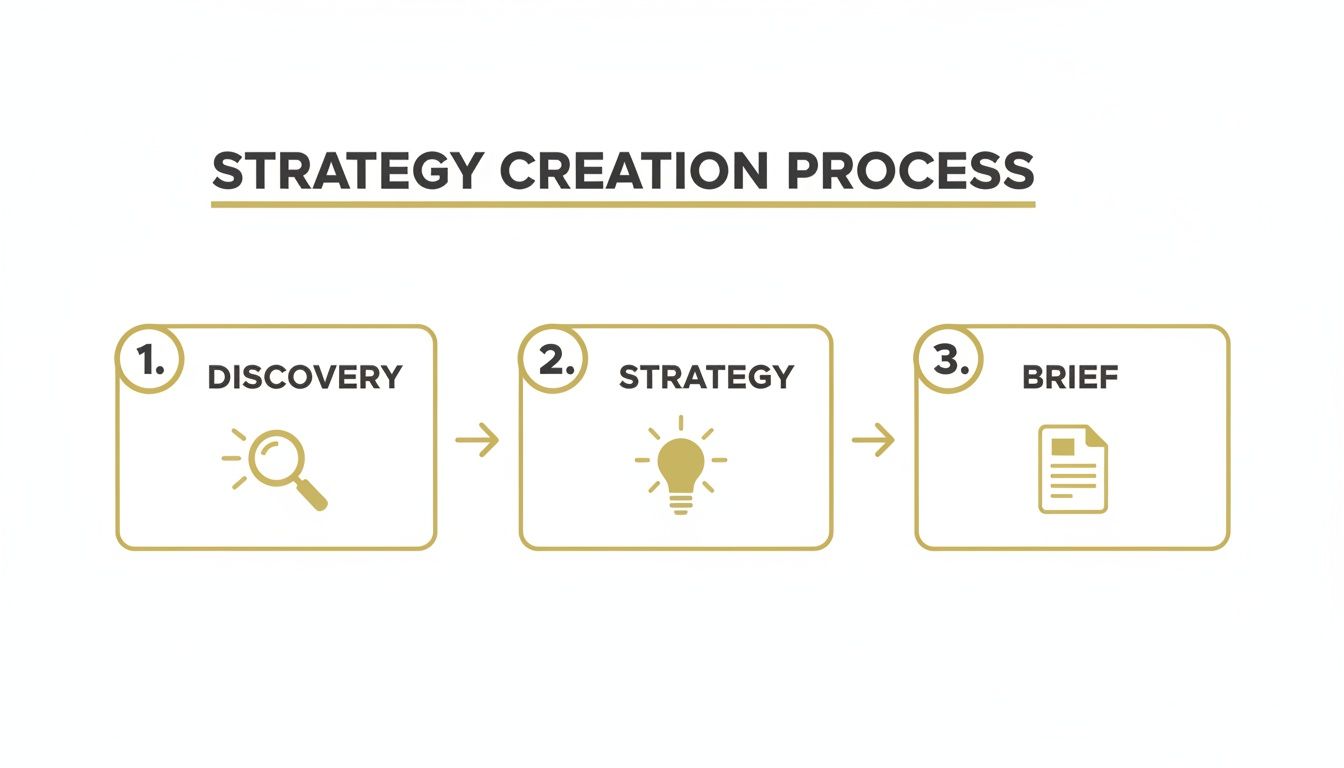 A visual depicting a three-step strategy creation process: Discovery, Strategy, and Brief, with icons.