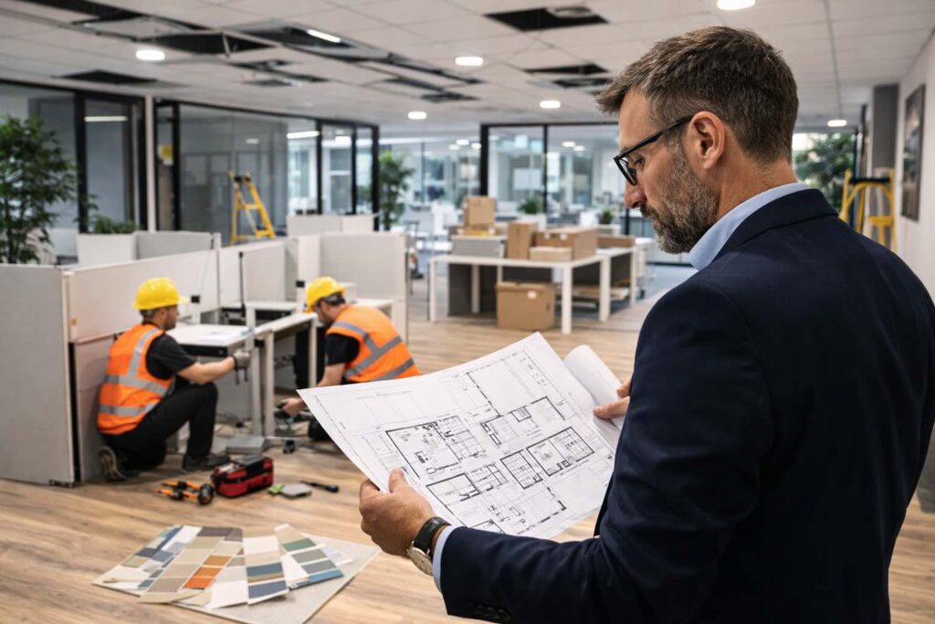 A professional man checking office renovation plans while contractors assemble new furniture in the workspace.