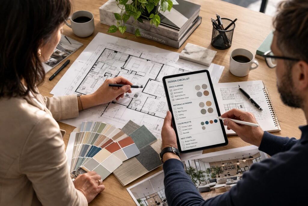 Two people discuss architectural floor plans, color swatches, and a design checklist on a tablet.