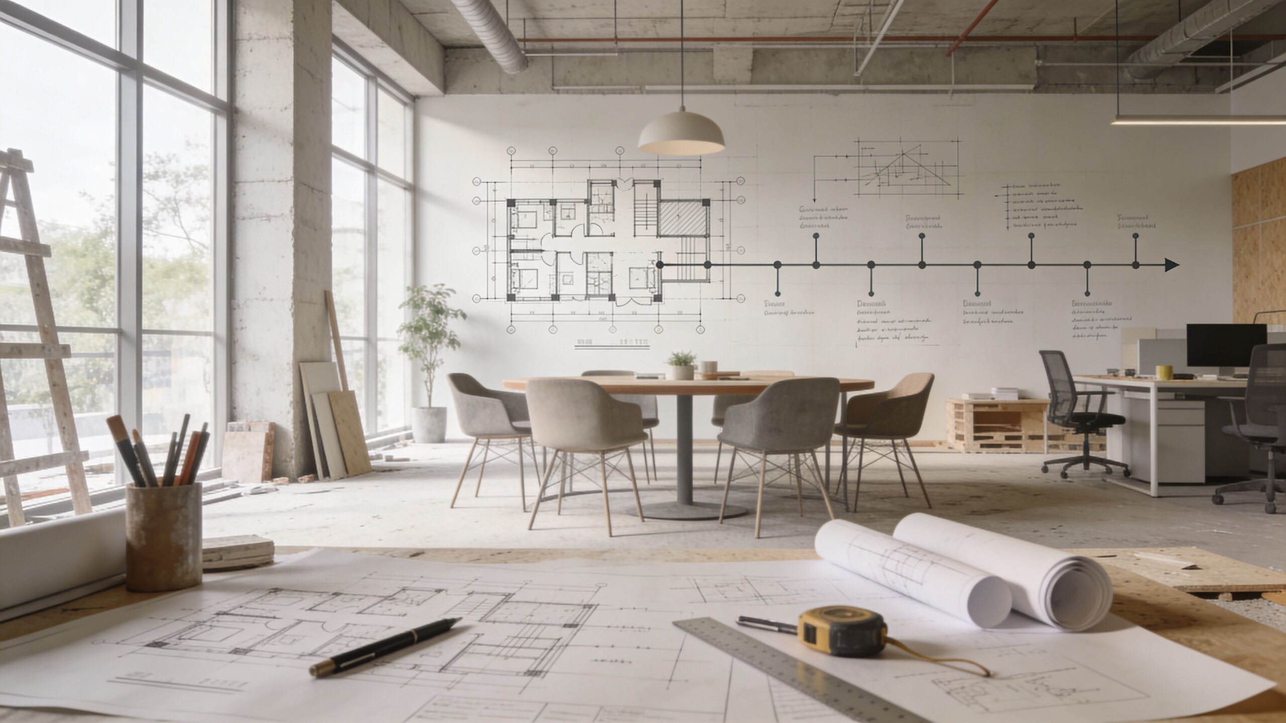 A modern architectural office with large windows, technical drawings on tables, and a floor plan on the wall.