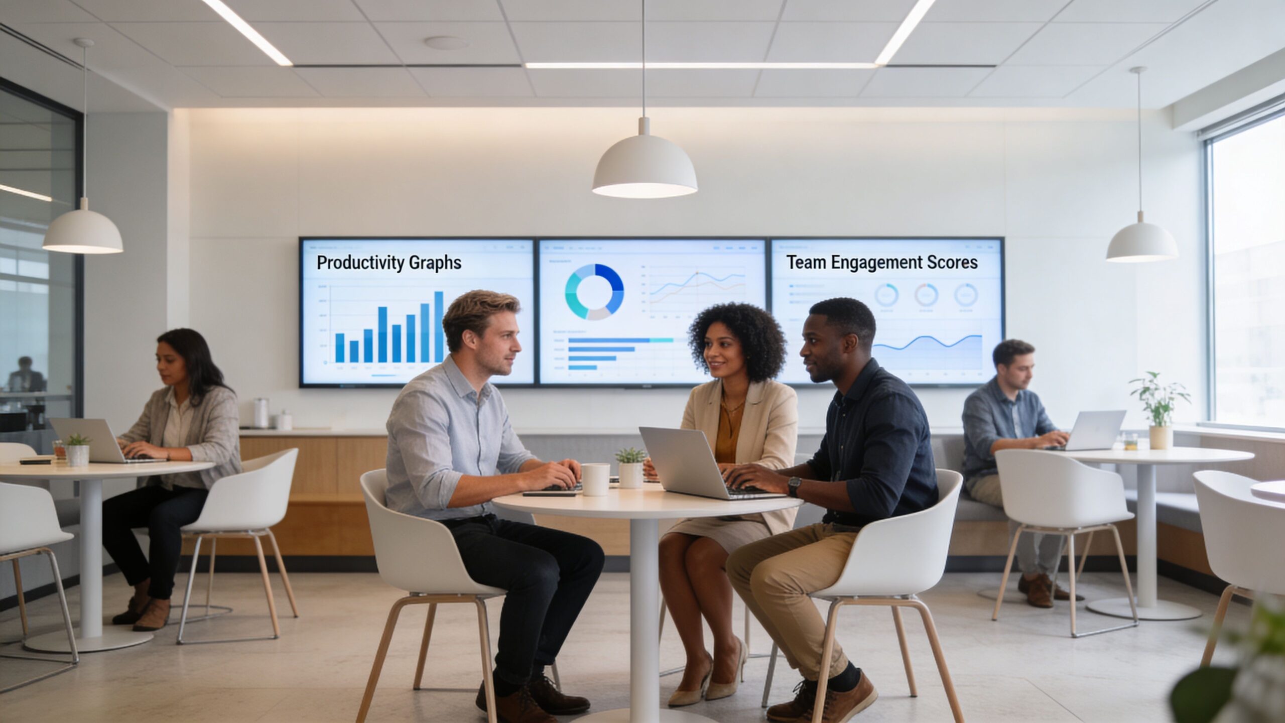 A professional team collaborating on a project in a bright modern office with data visualizations displayed behind them.