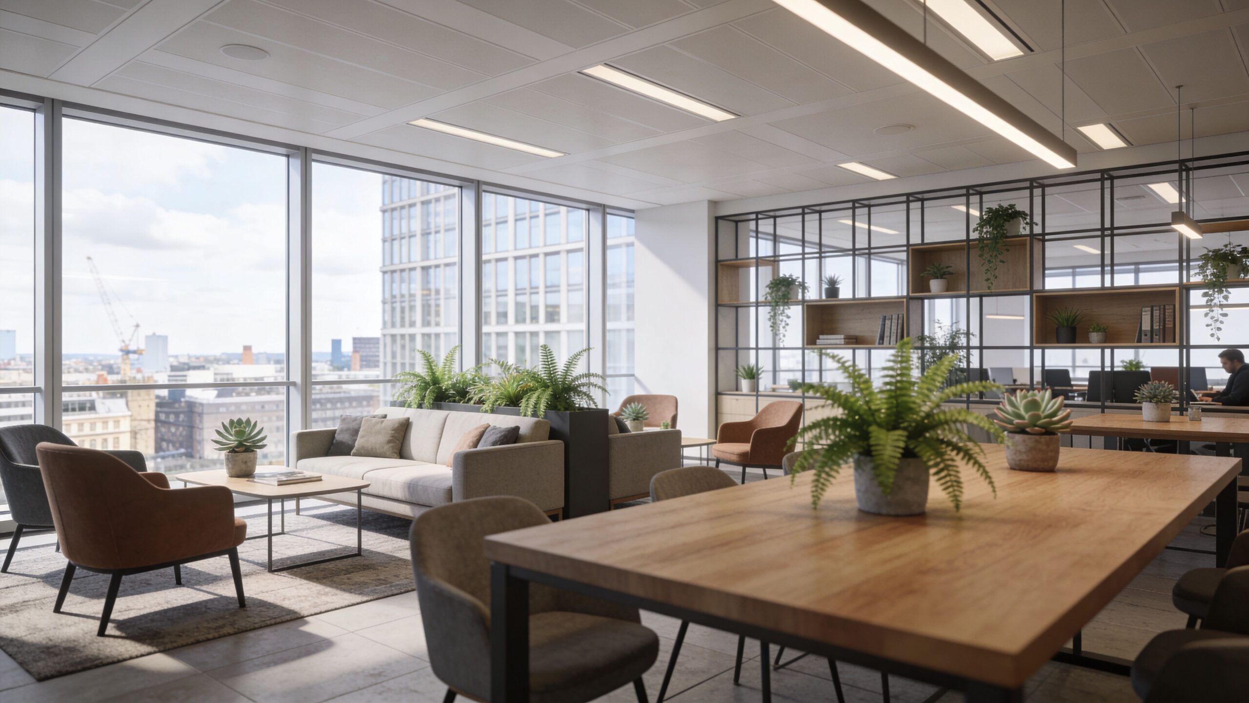A modern, bright office interior featuring breakout spaces with comfortable seating, large windows, and natural indoor plants.
