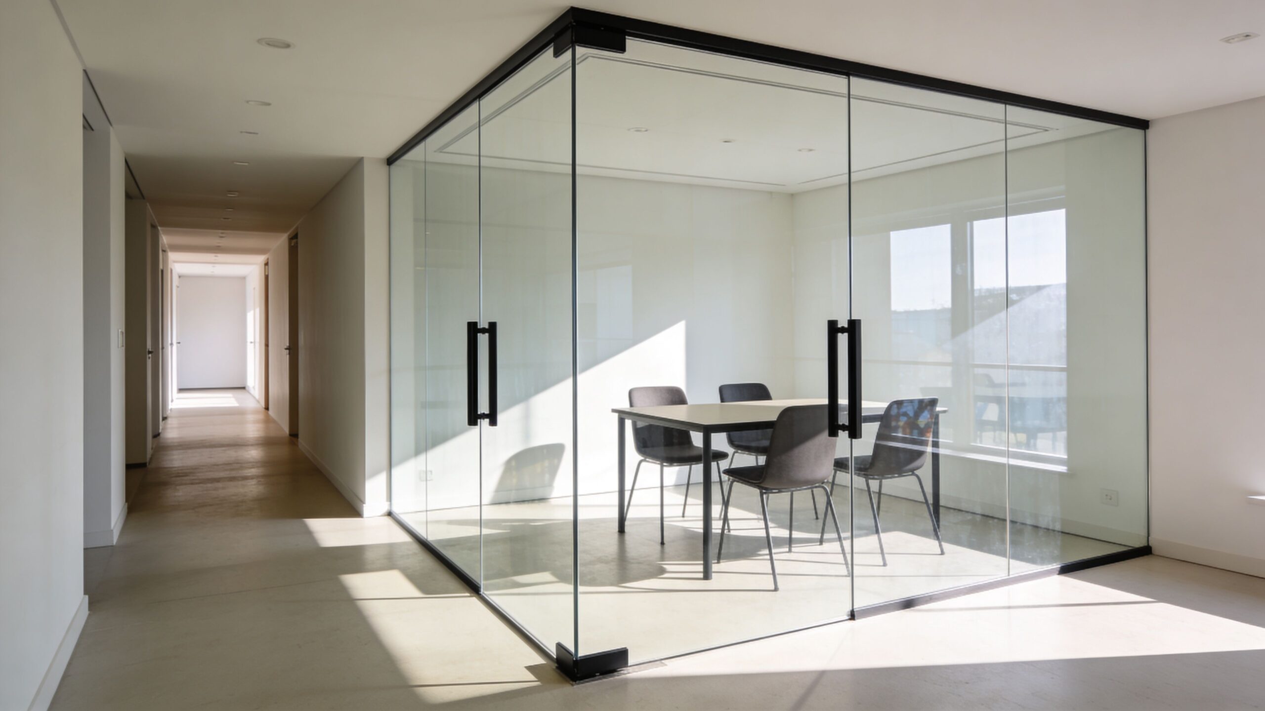 A modern glass-enclosed office meeting room with a table and chairs situated in a bright hallway.