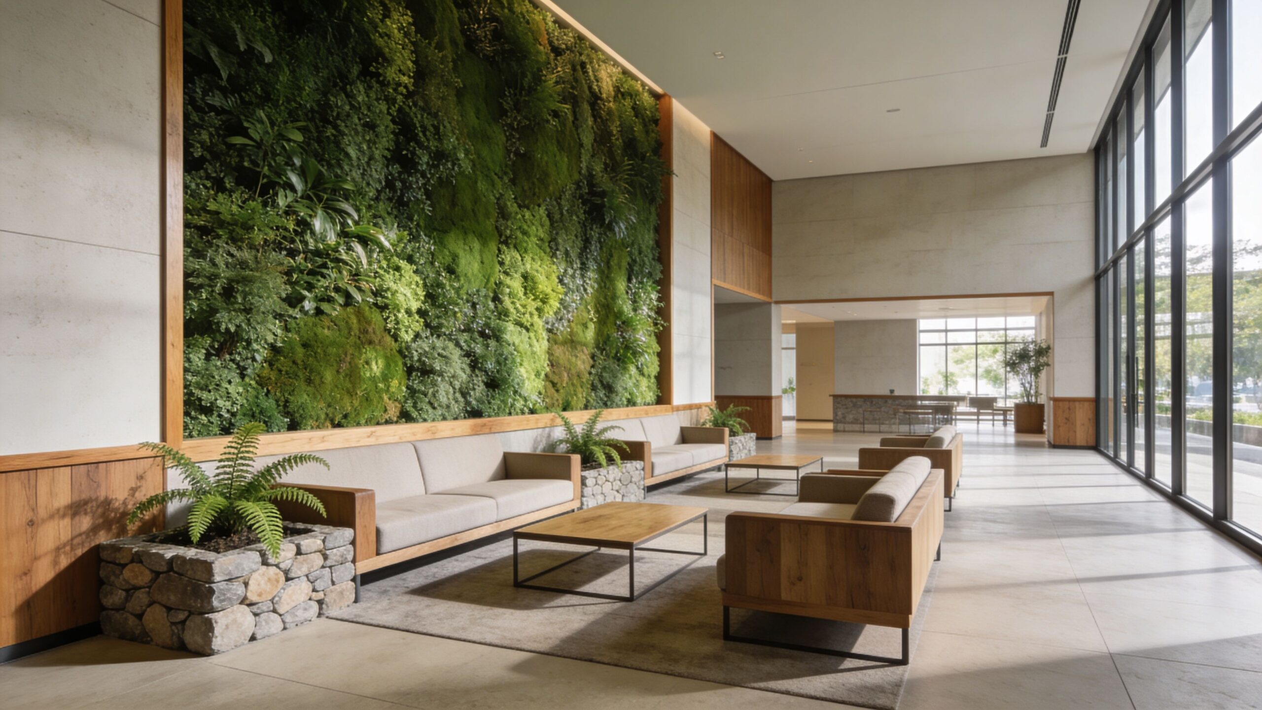 A modern commercial lounge area featuring a large vertical living wall and comfortable contemporary seating furniture.