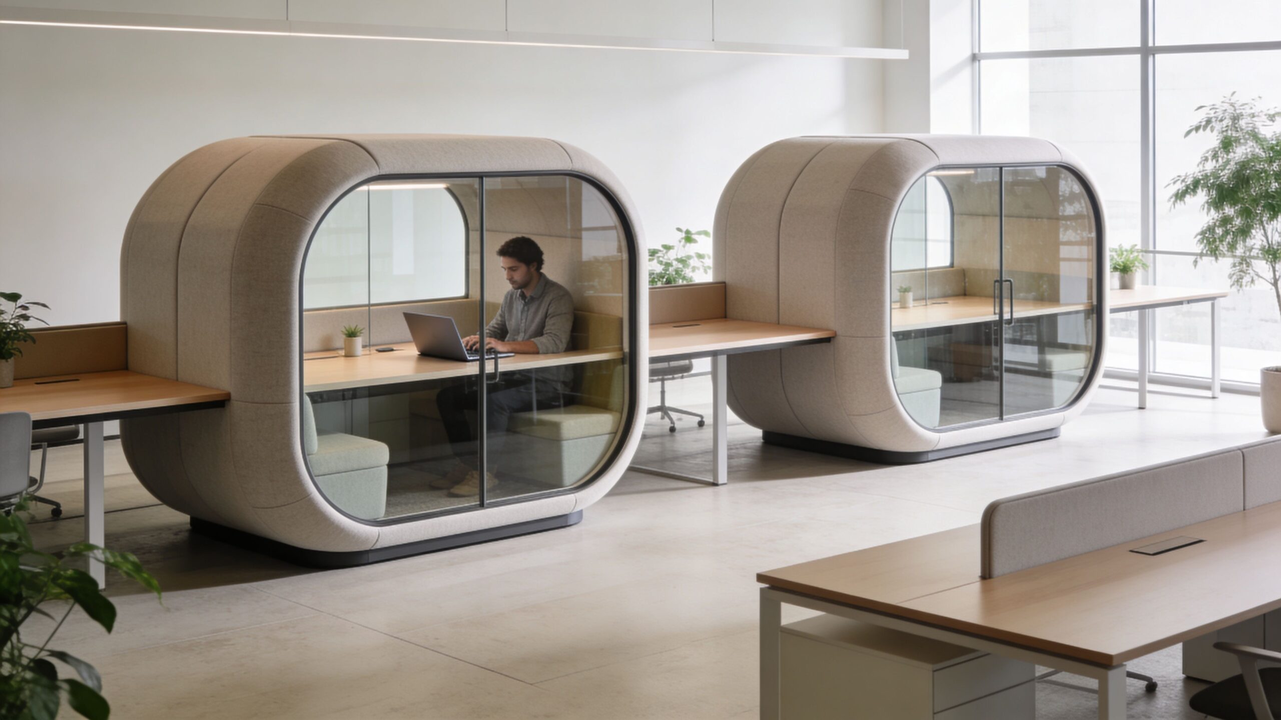 A modern open office space featuring soundproof acoustic glass pods for individual quiet work and collaboration.