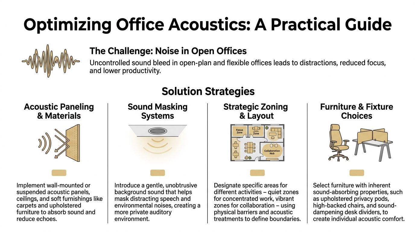 An infographic titled Optimizing Office Acoustics displaying strategies for noise reduction in modern open-plan office spaces.