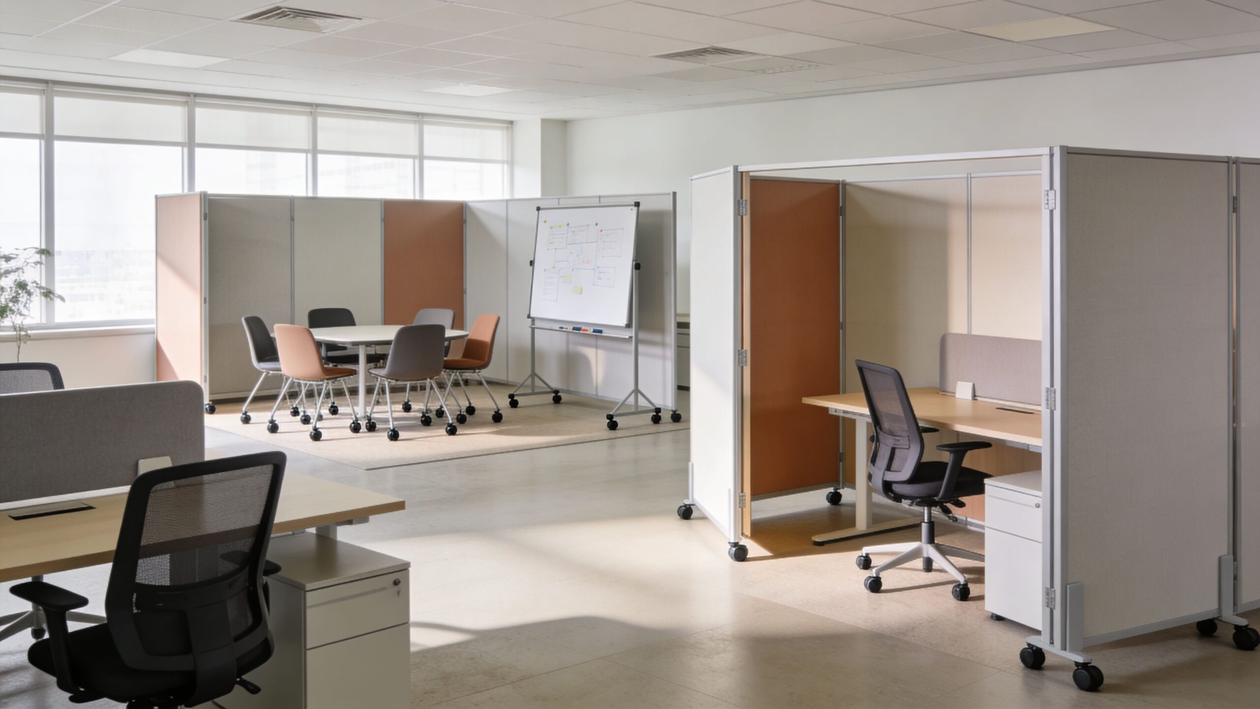 A bright modern office space featuring modular partitions, ergonomic office chairs, desks, and a mobile whiteboard.