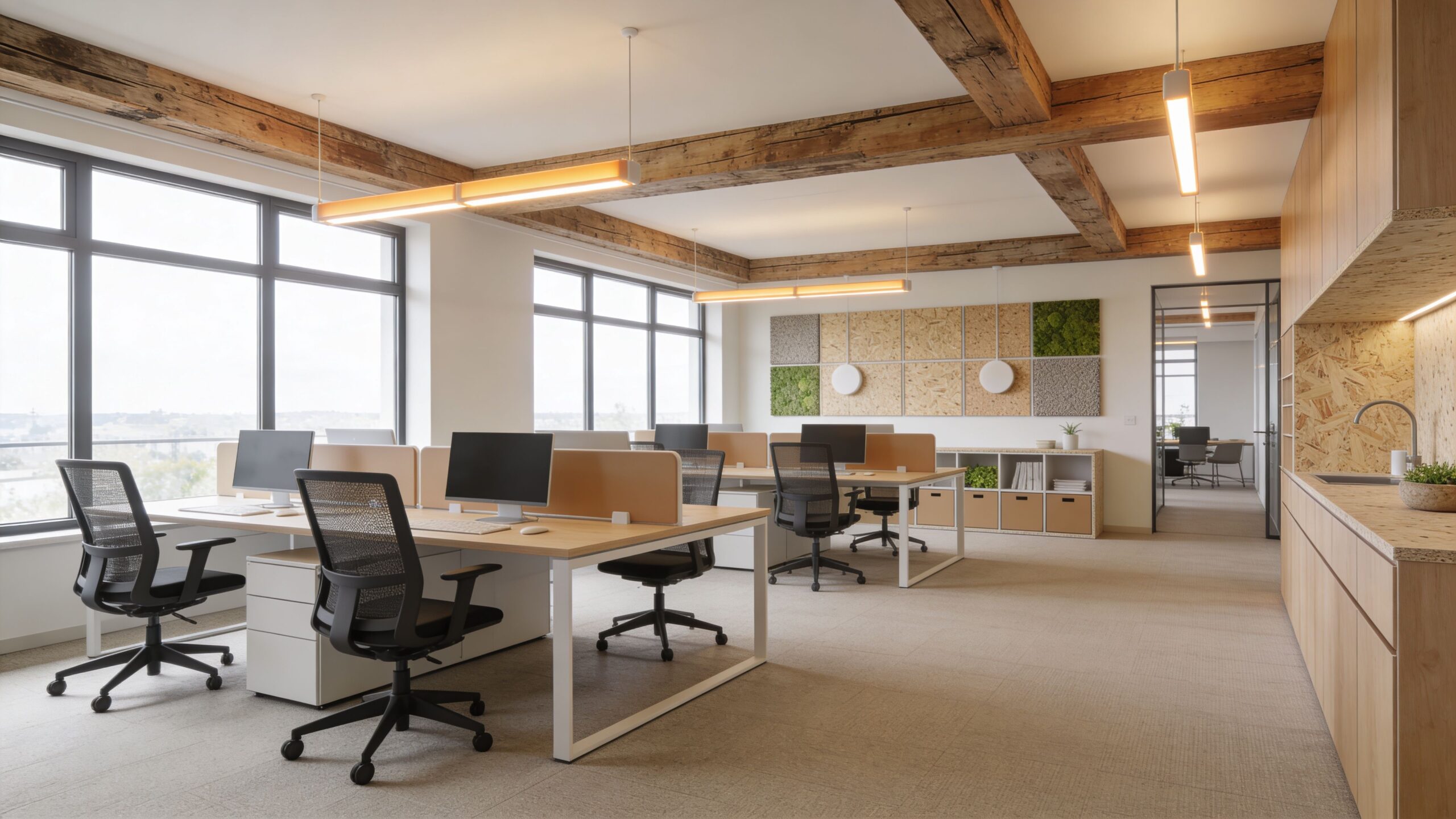 Modern open-plan office featuring wooden beams, minimalist desk arrangements, and integrated kitchen area for professional workspace.