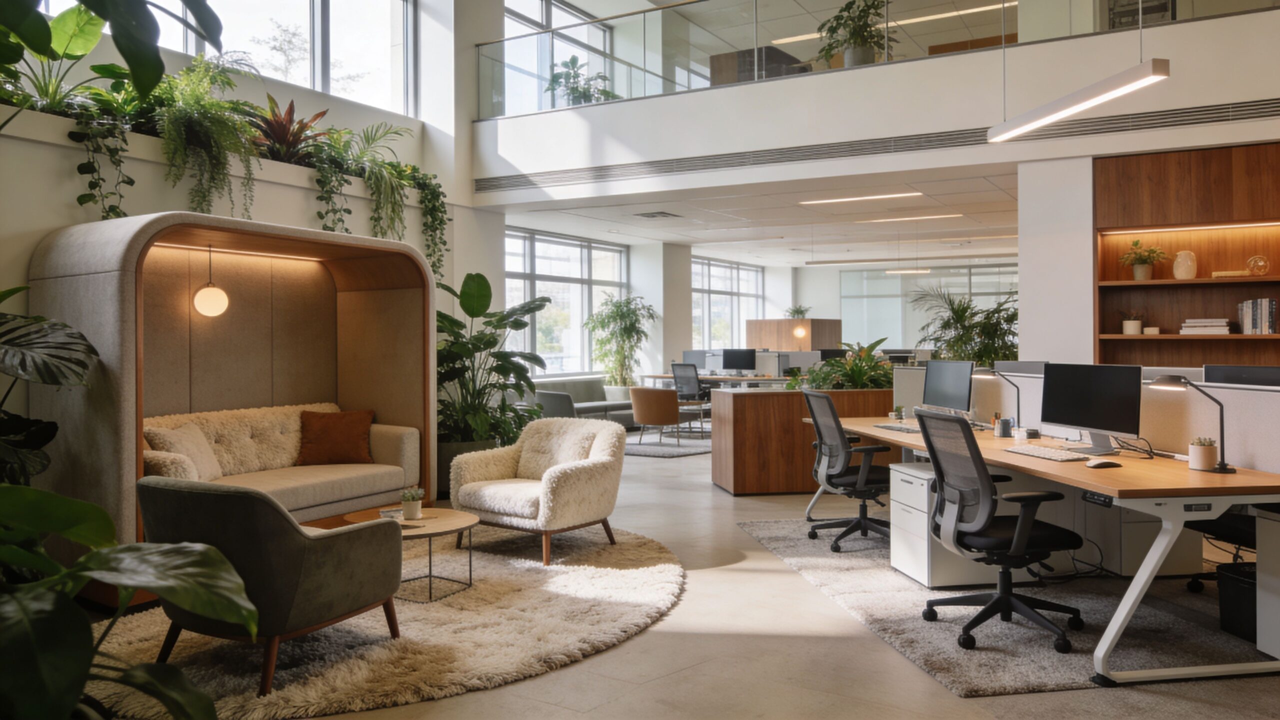 A bright and modern office interior with collaborative lounge furniture and open workstation desk arrangements.