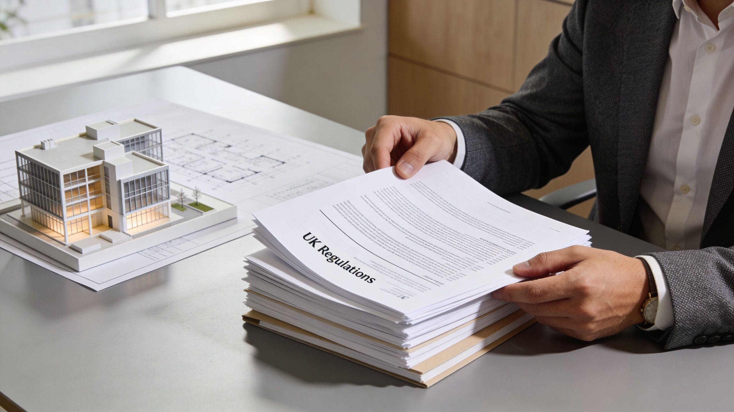 A professional architect holds a thick stack of UK regulations documents near a commercial building model.