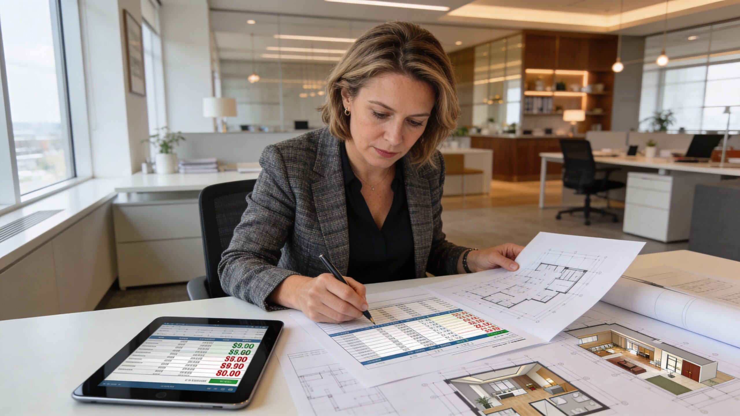 A professional interior designer reviews architectural blueprints and digital financial charts in a modern office space.