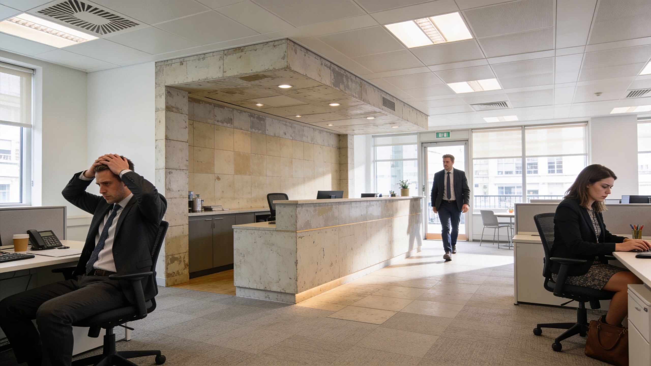 A professional office scene showing two employees working at desks and a man walking through the corridor.
