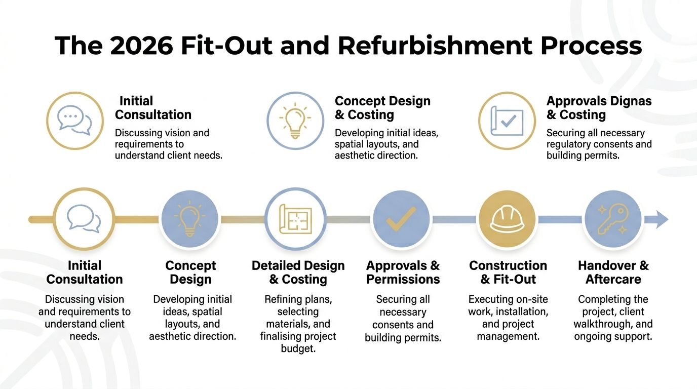 A visual flow chart explaining the six-step commercial interior fit-out and refurbishment project process for 2026.