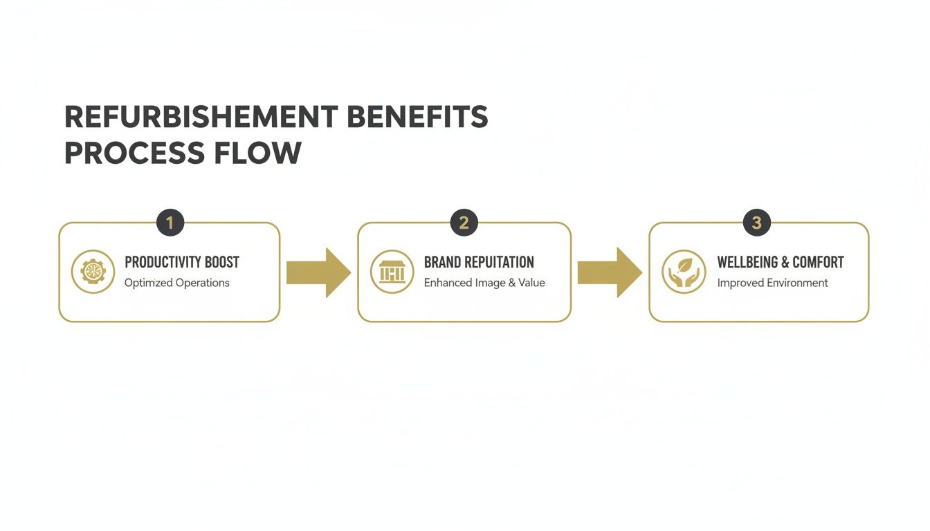 A process flow diagram showcasing three key benefits of refurbishment: productivity, brand reputation, and wellbeing.