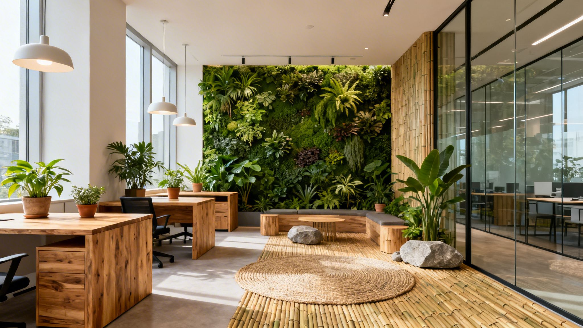 A modern, biophilic office interior featuring a large living green wall, wooden furniture, and glass partitions.