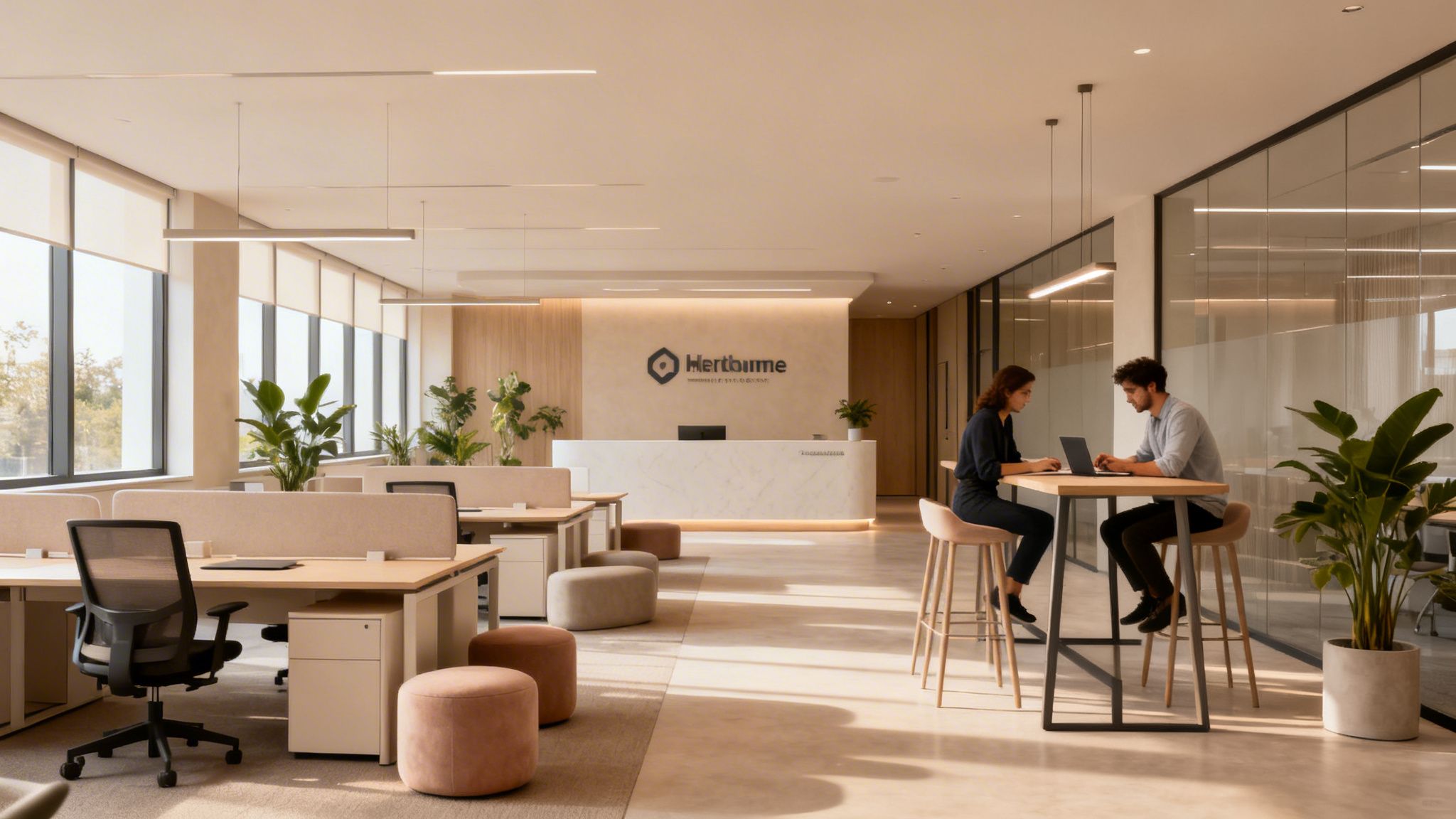 Bright, modern office interior featuring open workspaces, a reception desk, and two people collaborating.
