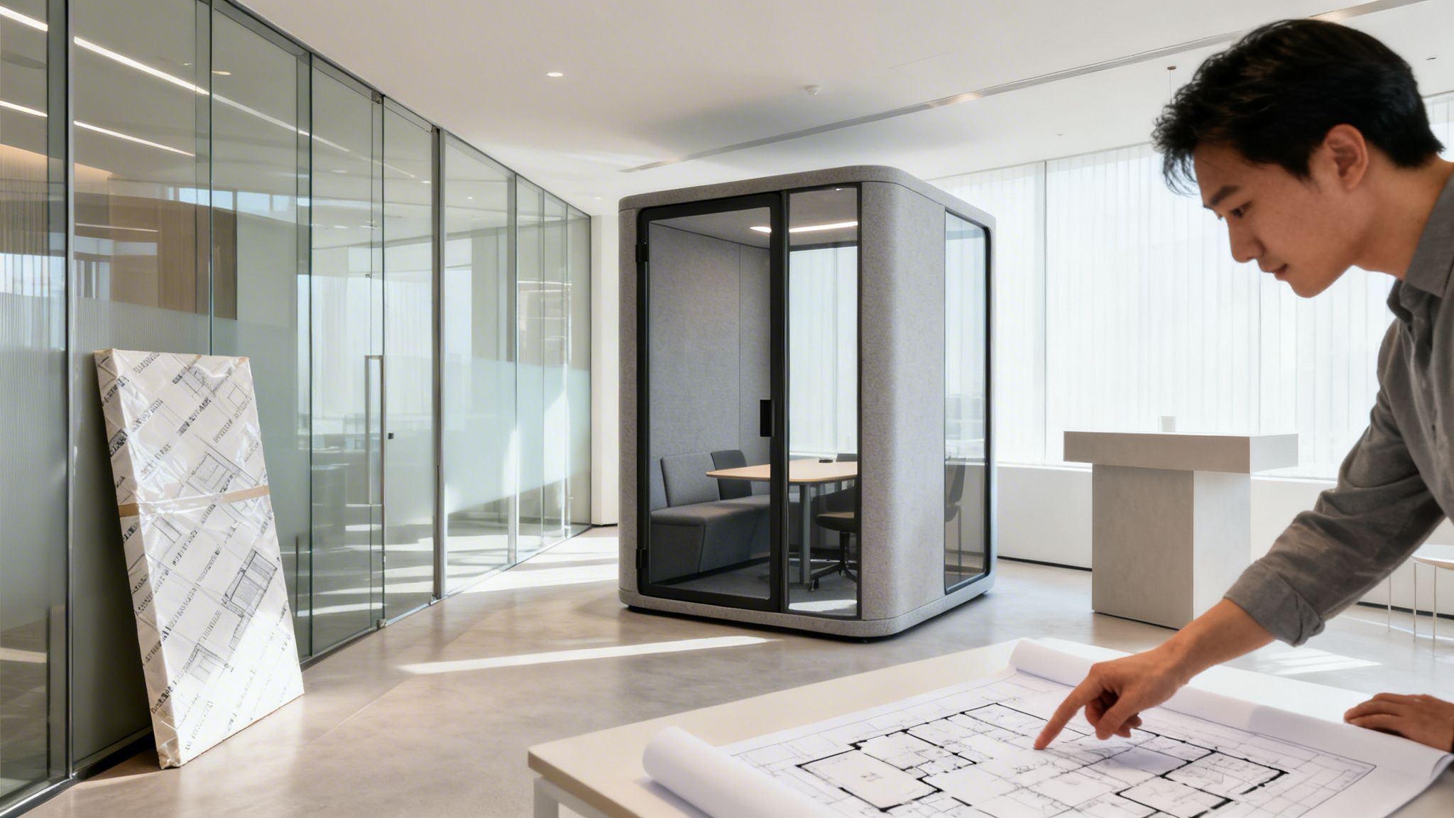 Man reviews blueprints in a modern office with a grey meeting pod and glass partitions.