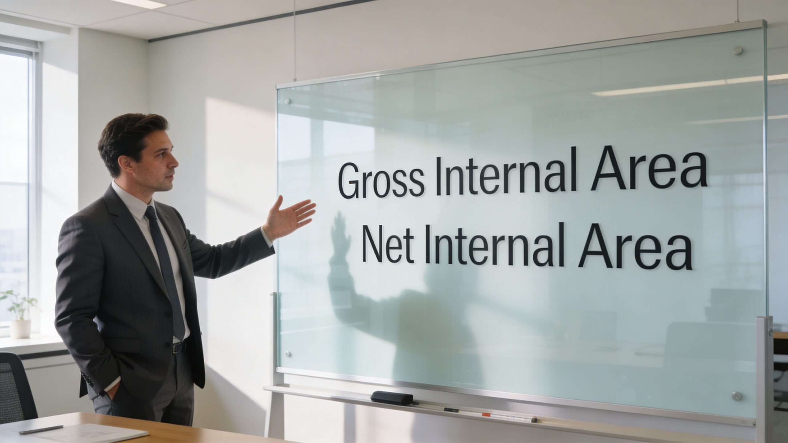 A professional businessman presenting the terms Gross Internal Area and Net Internal Area on a glass whiteboard.
