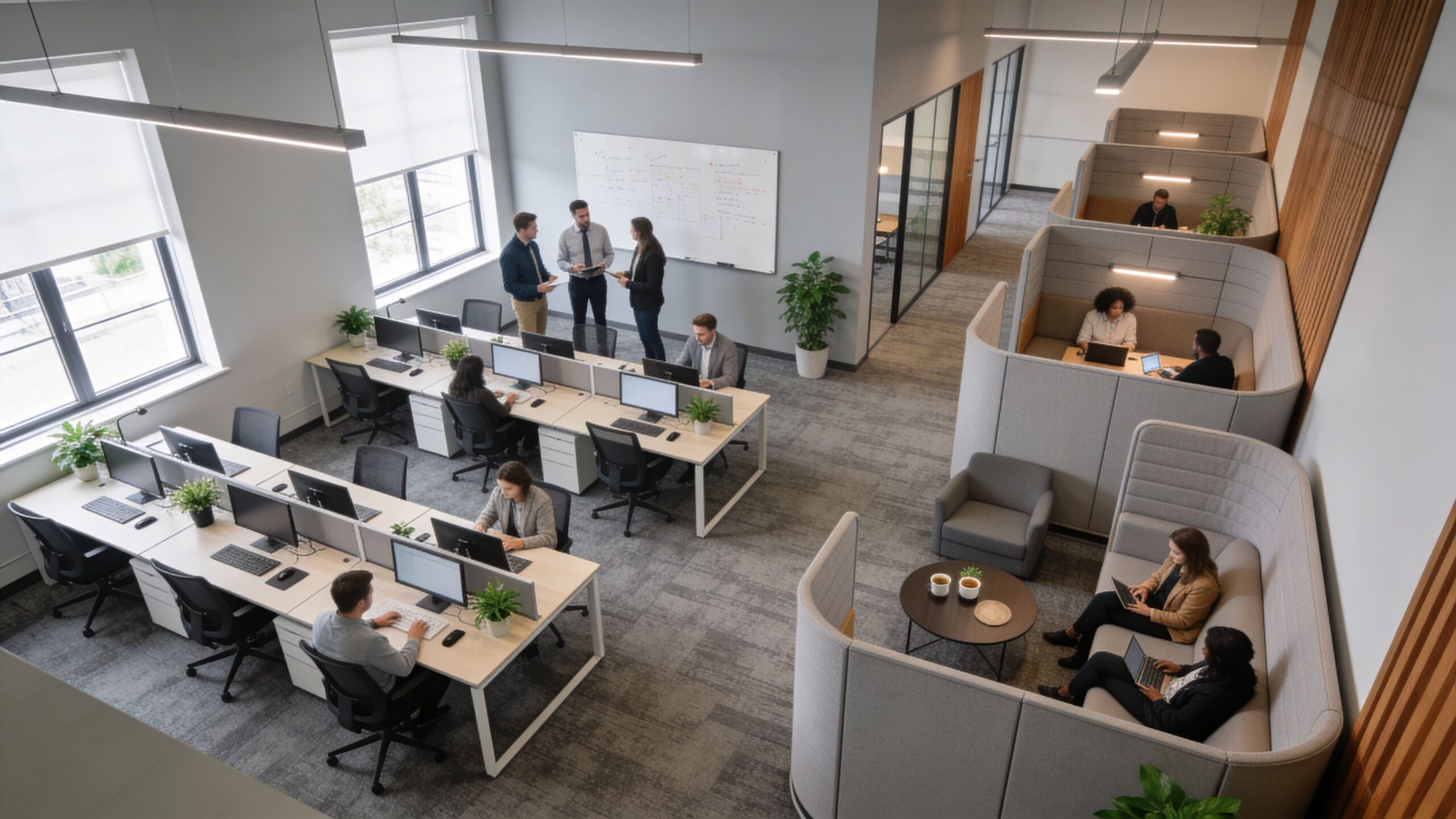 A high-angle view of a modern open-plan office space with employees working at desks and pods.