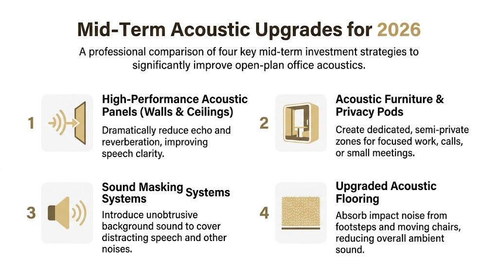 A list of four key acoustic upgrades to reduce noise and improve comfort in open-plan offices for 2026.