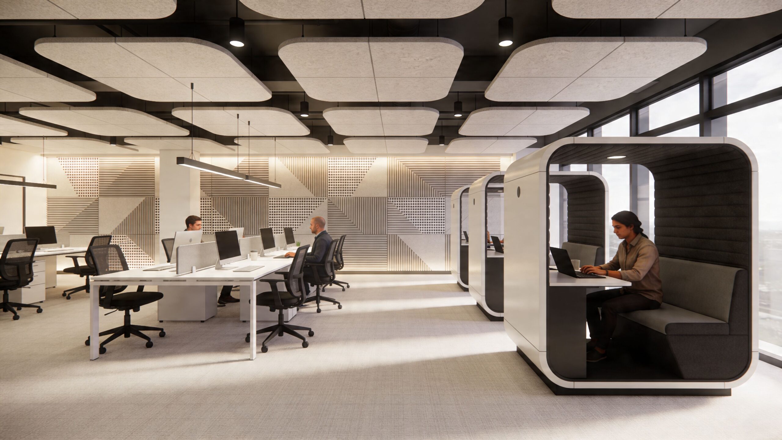A modern open-plan office space featuring acoustic ceiling panels, shared desks, and private soundproof pods for focus.
