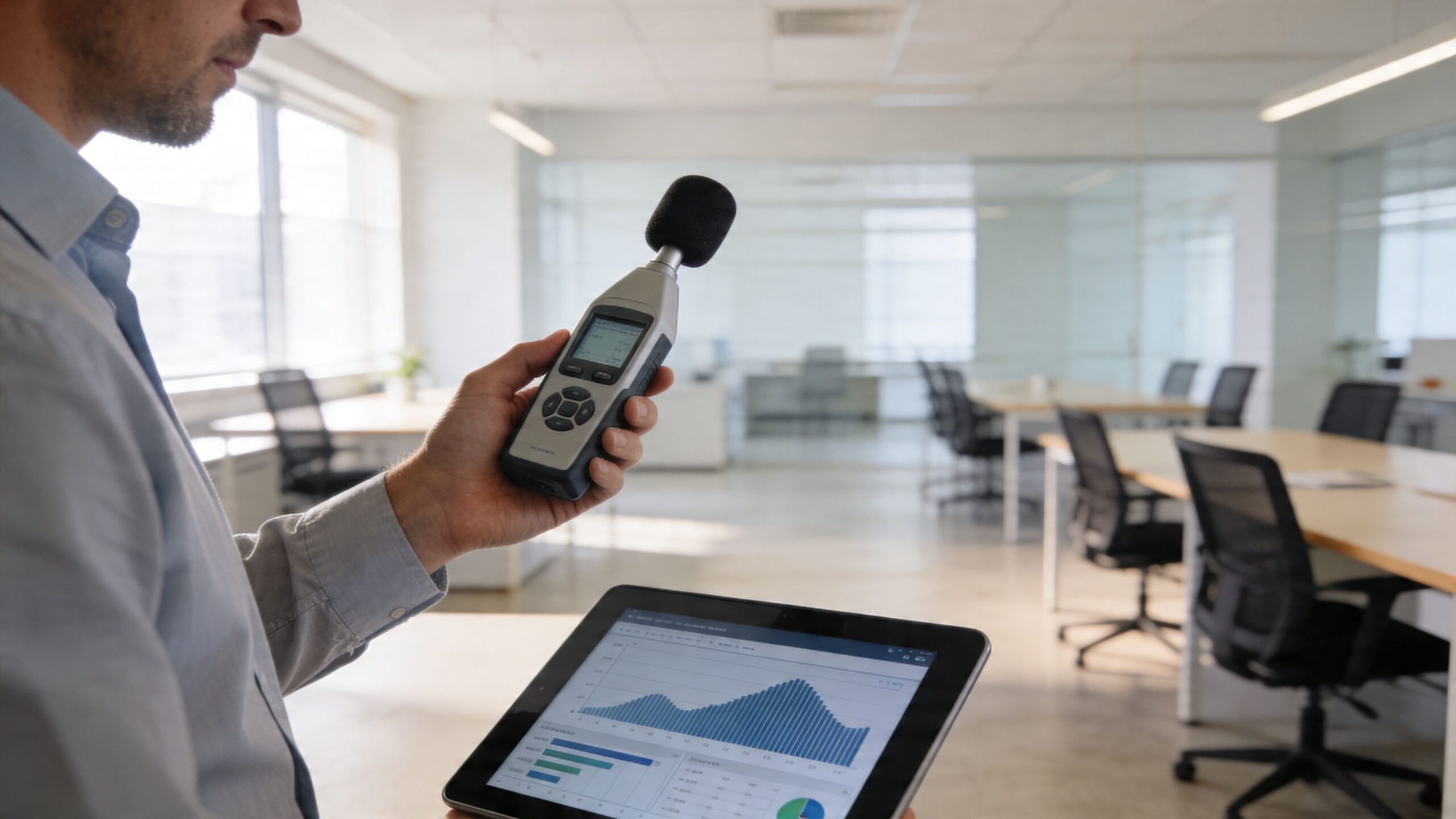 A professional analyzing noise levels in an office environment using a sound level meter and tablet.