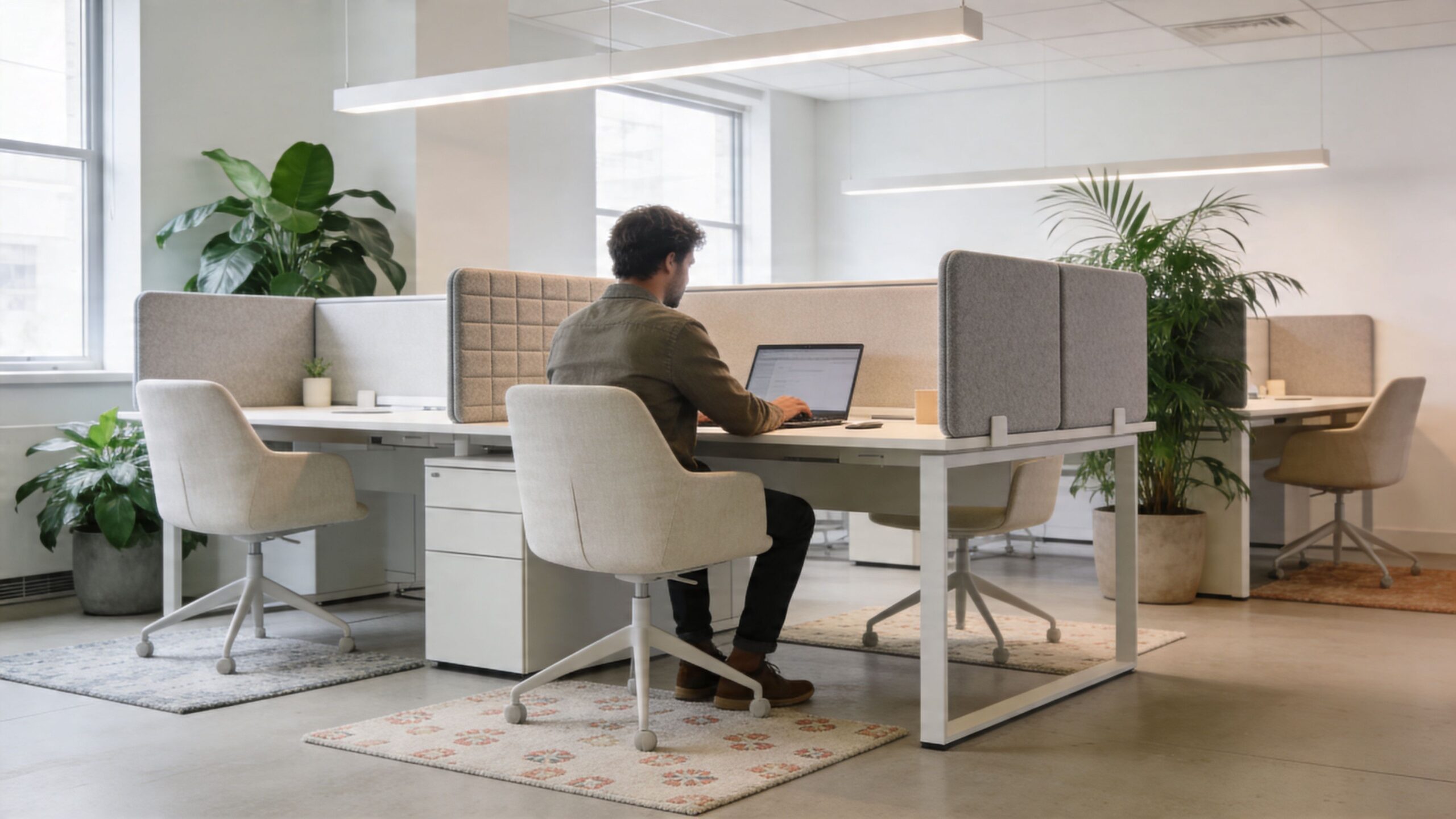 A professional man working on a laptop at a partitioned office desk in a bright workspace.