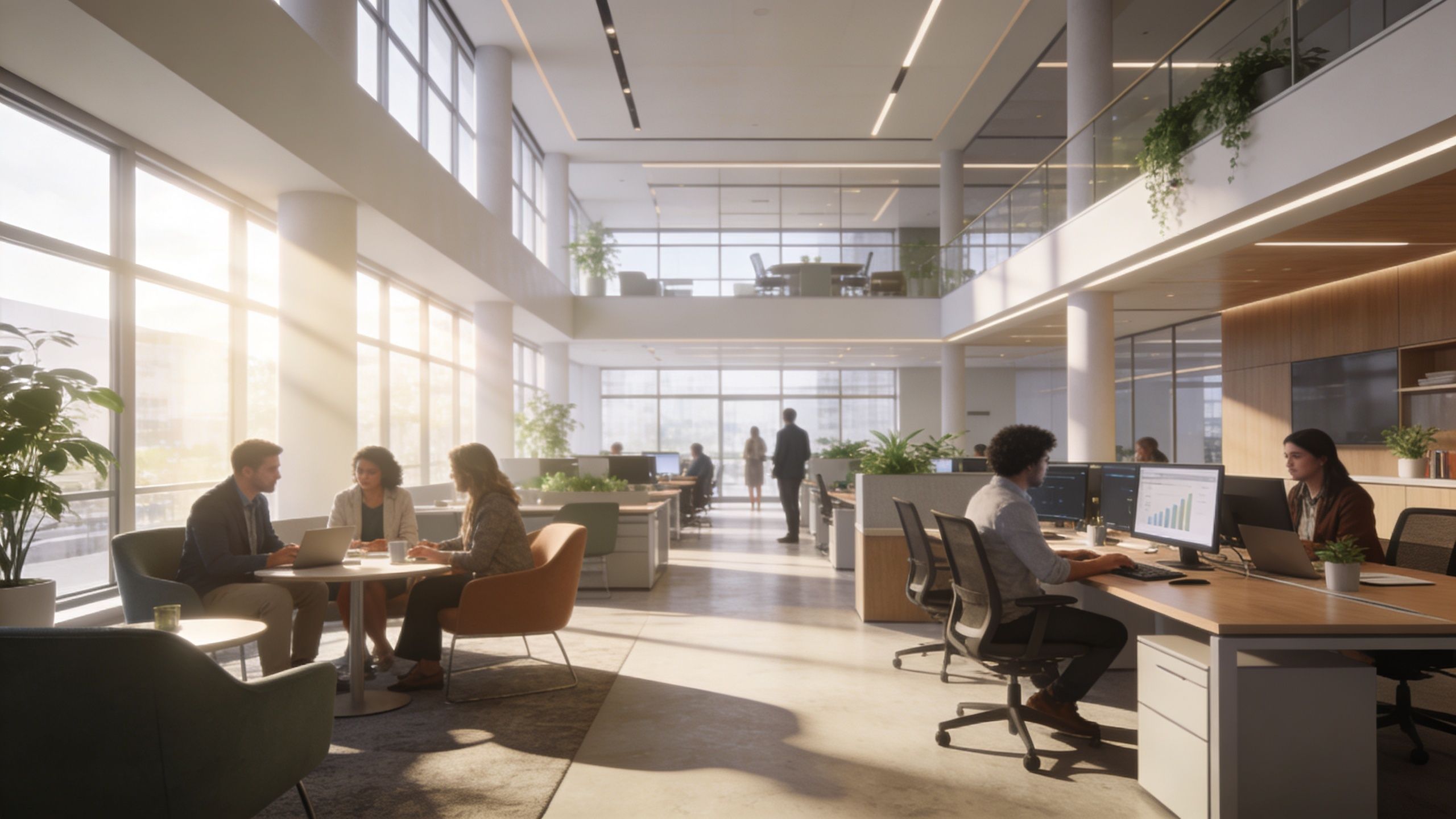 A bright, modern open-plan office workspace featuring staff collaborating at desks and small meeting areas.