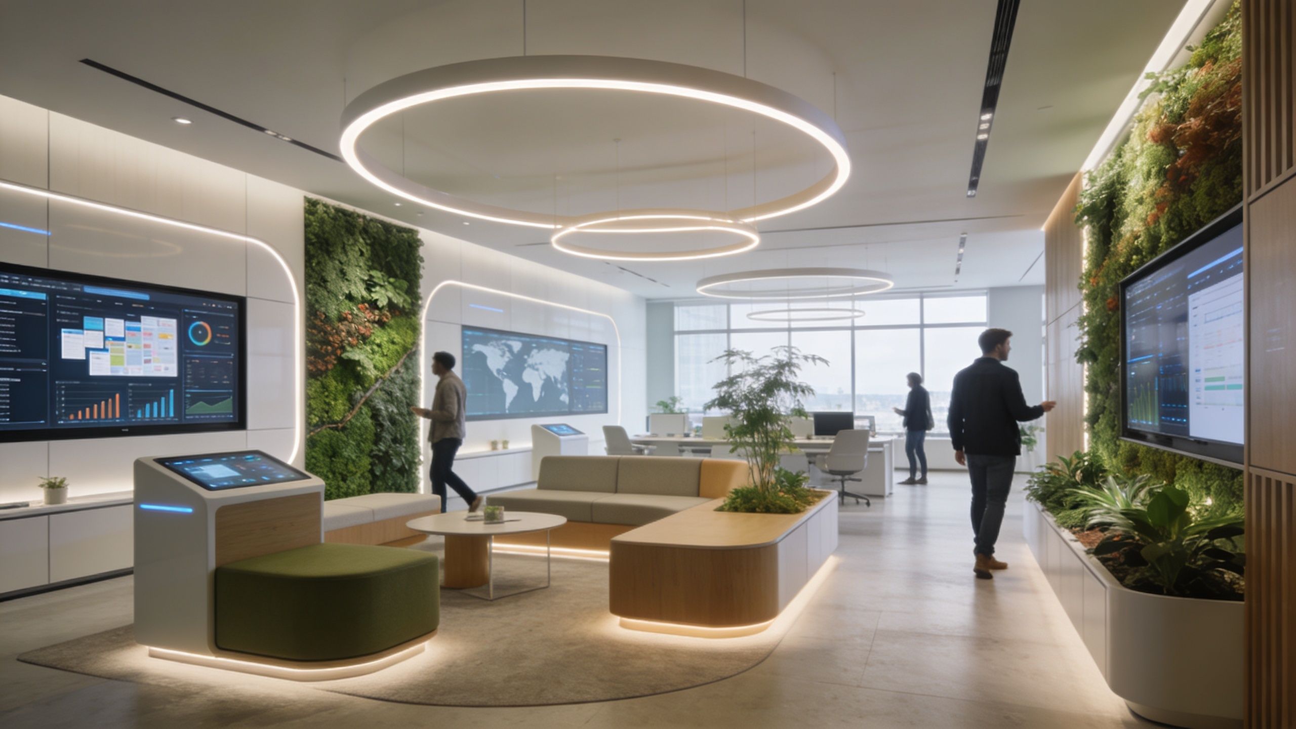 A modern, open-plan office workspace featuring vertical gardens, digital displays, and comfortable seating for collaboration.