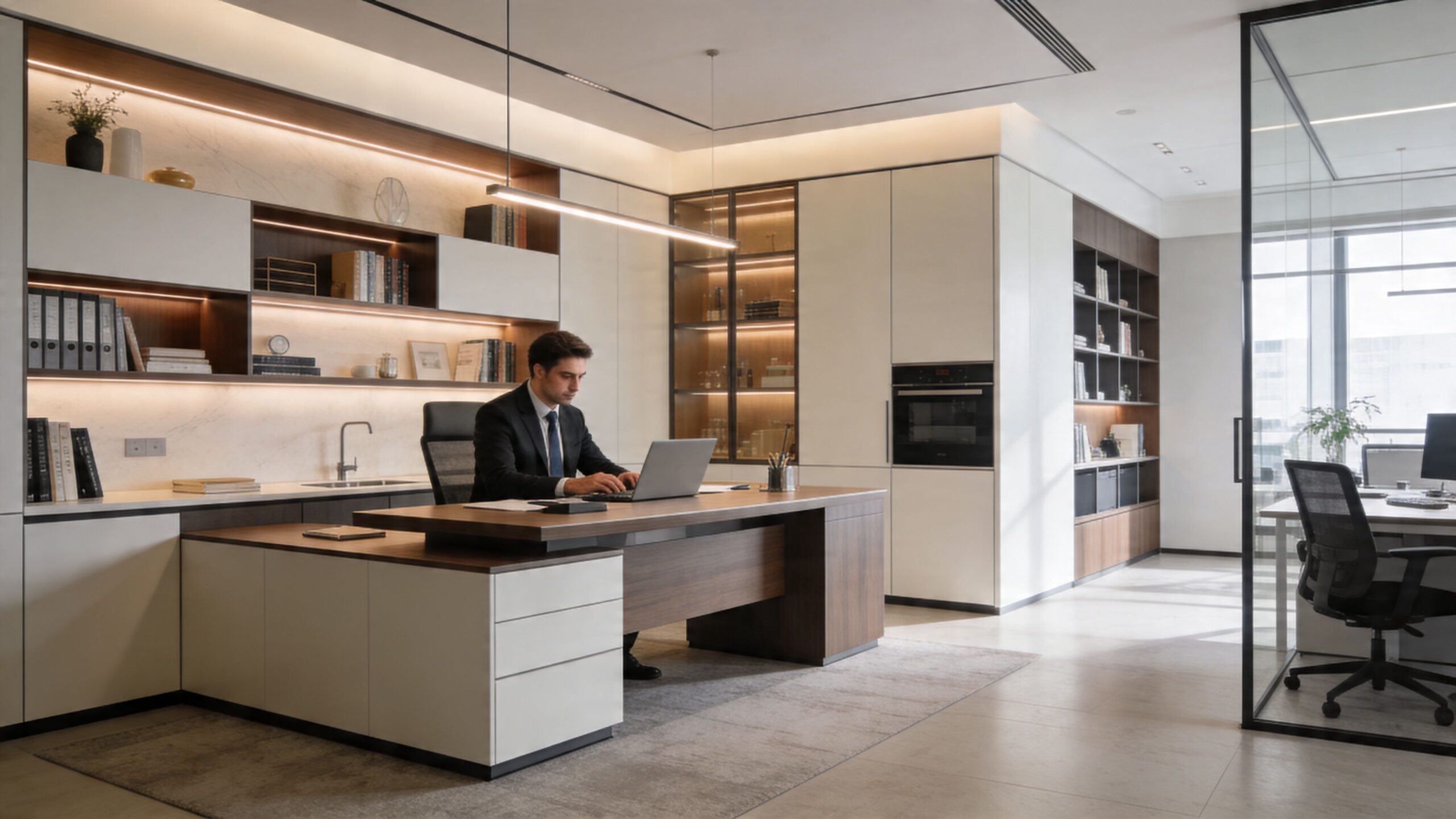 A professional man in a suit works on a laptop at a modern, fitted executive office desk.
