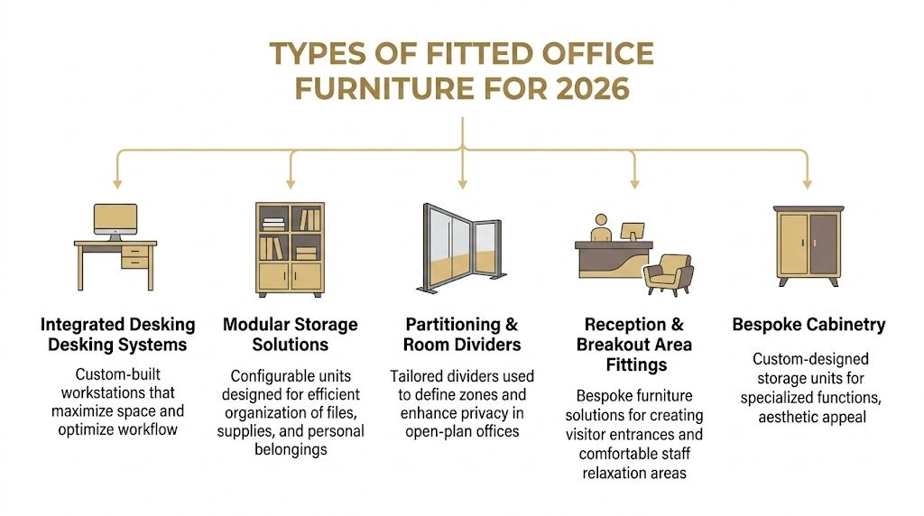 A diagram illustrating five key types of fitted office furniture for 2026, including desking, storage, and partitions.