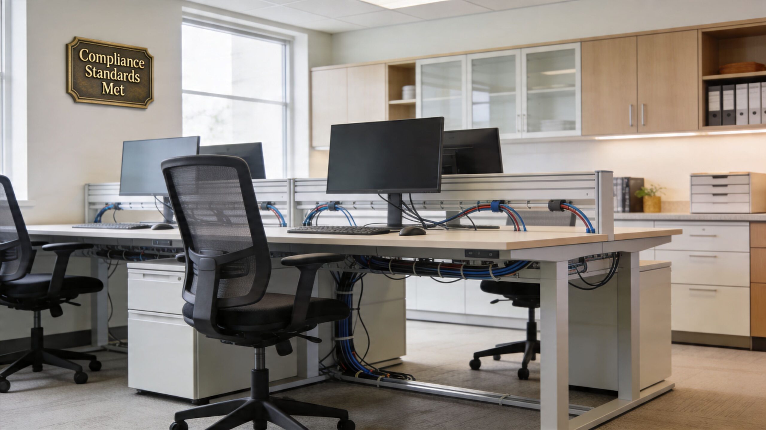 A modern, organized office workspace featuring clean desks, ergonomic chairs, and professional computer workstations for employees.