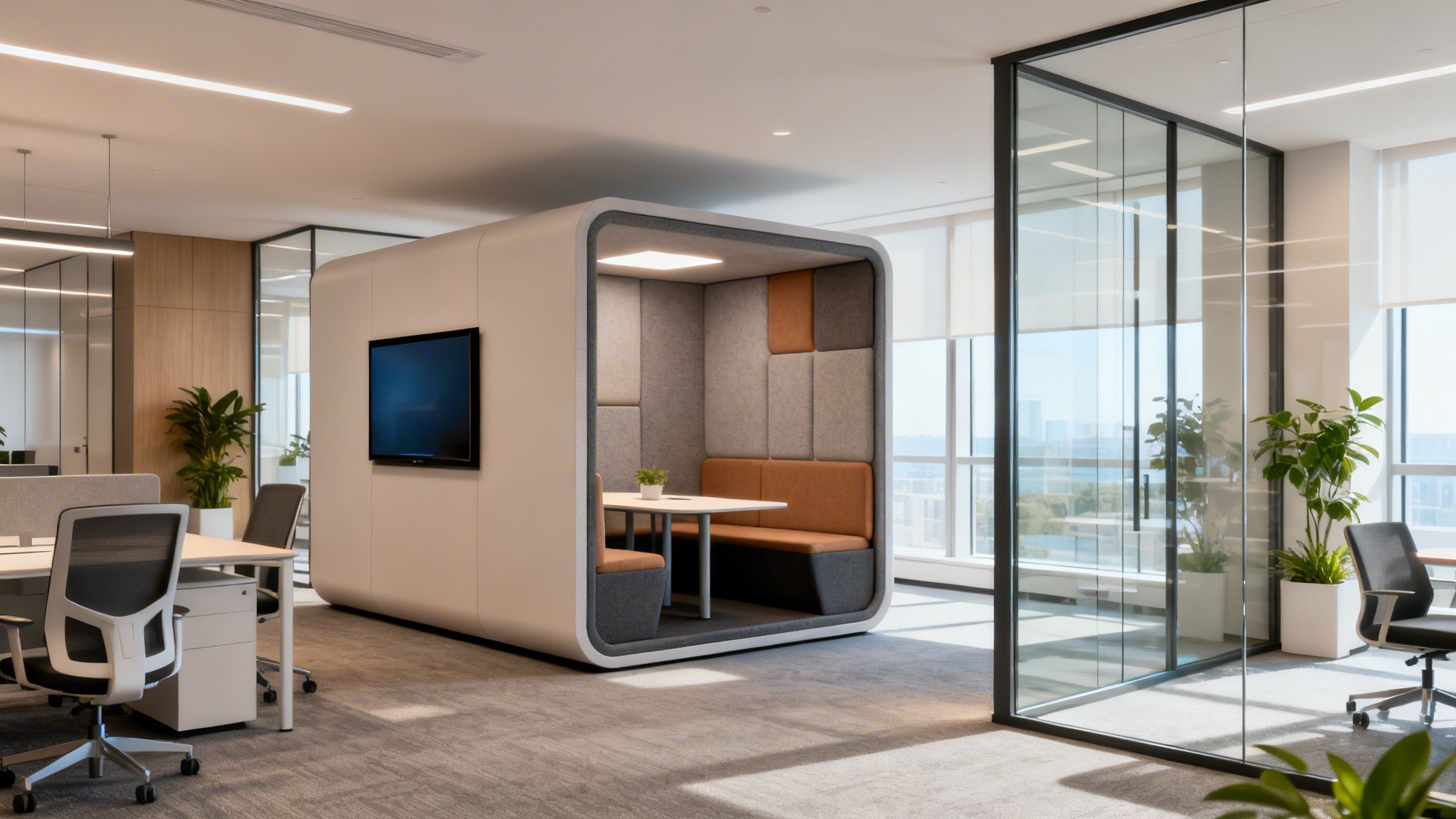 A modern open-plan office with a soundproof meeting pod, open workstations, and large windows.