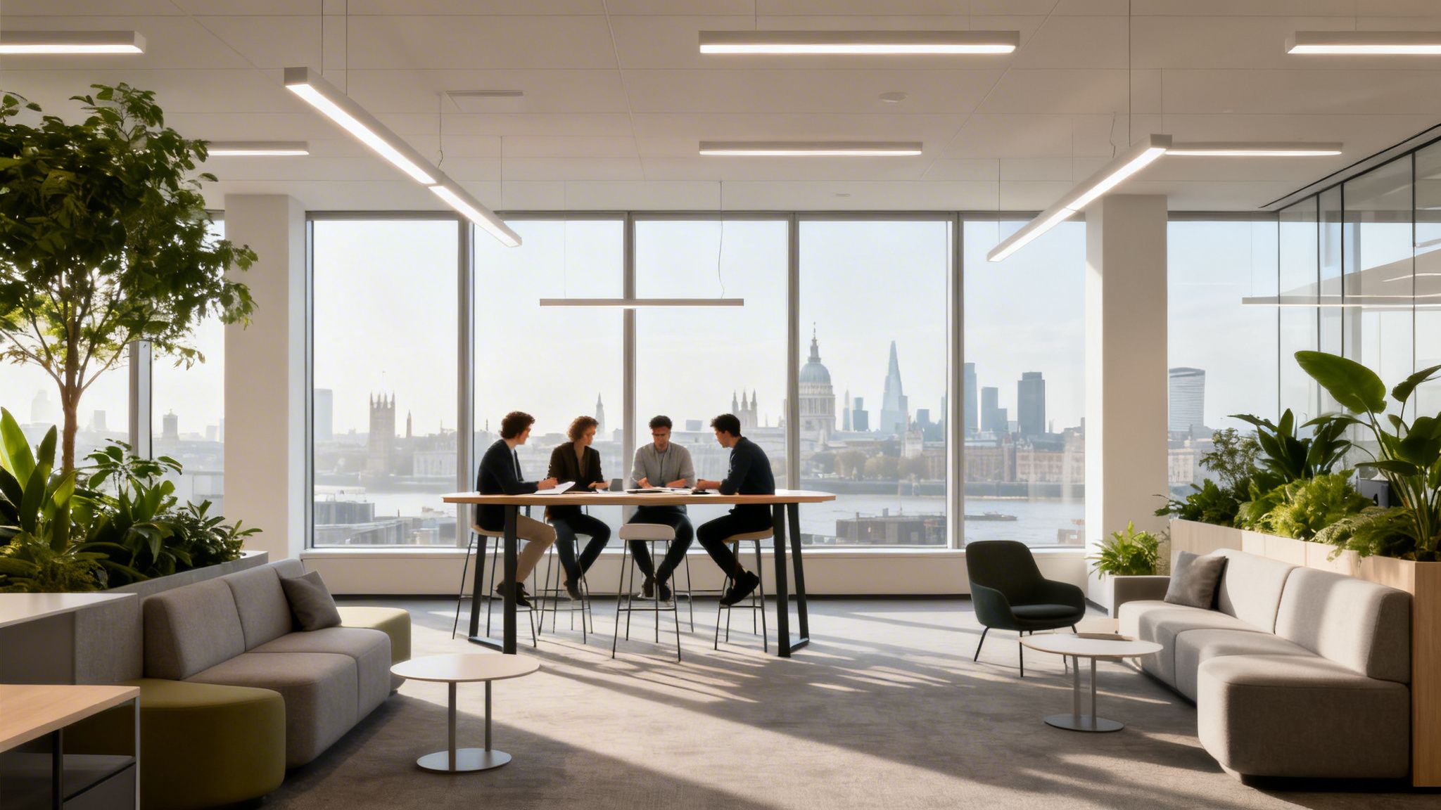 Modern open-plan office space with four people collaborating at a high table overlooking the London skyline.