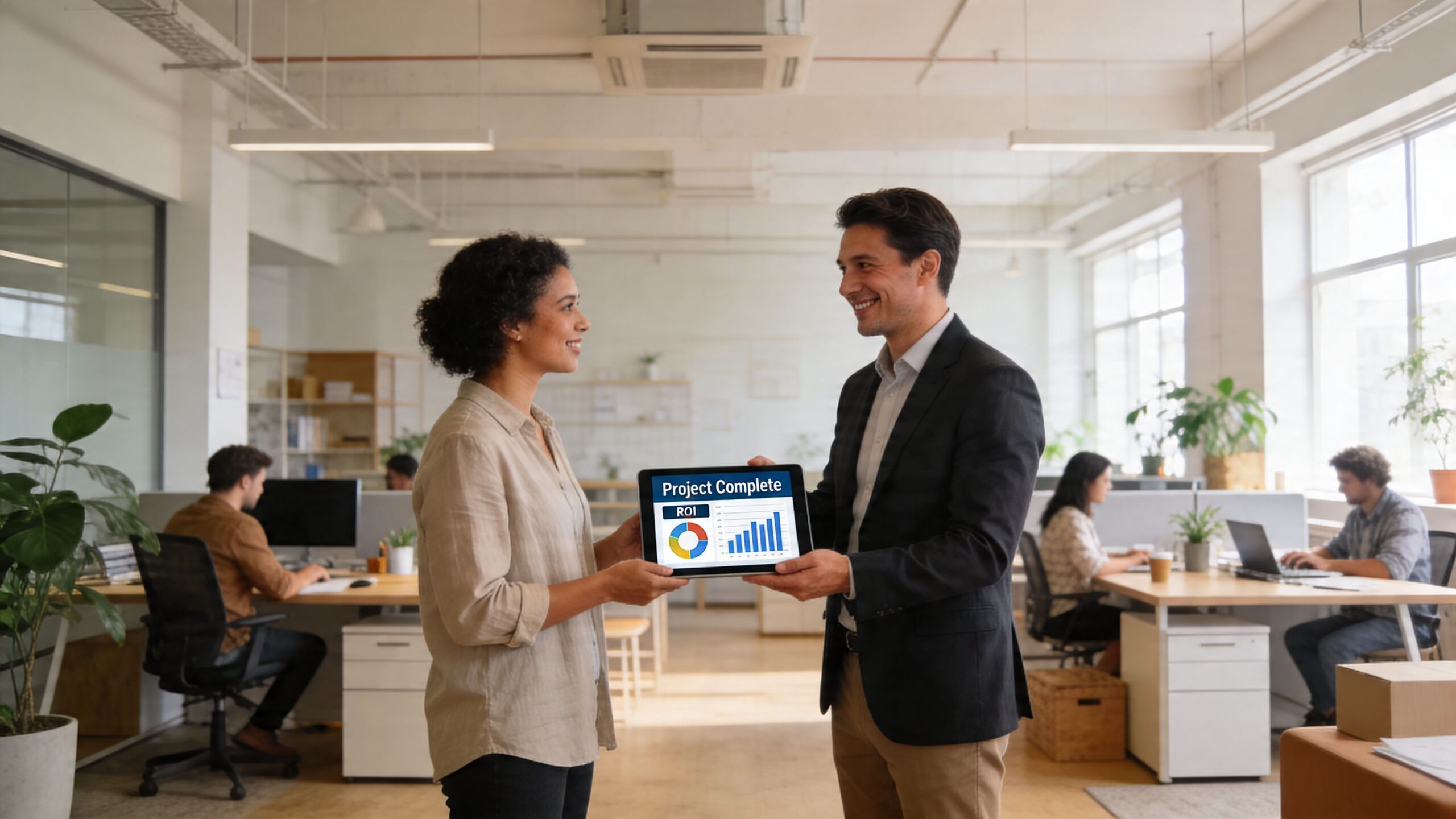A professional woman and man smiling while discussing a completed project on a digital tablet in an office.