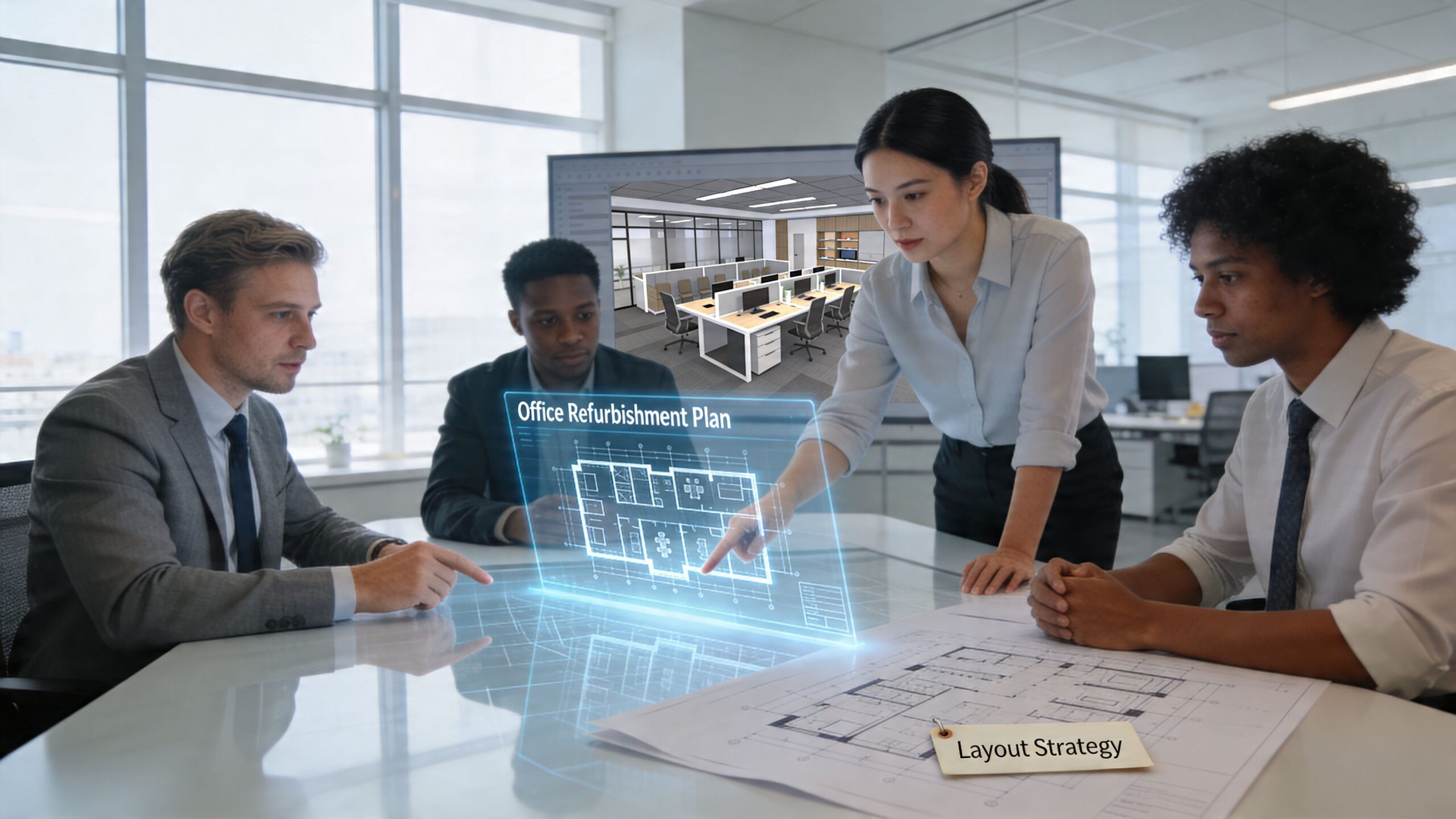 A professional team of business people discussing a digital office refurbishment project plan in a modern office.