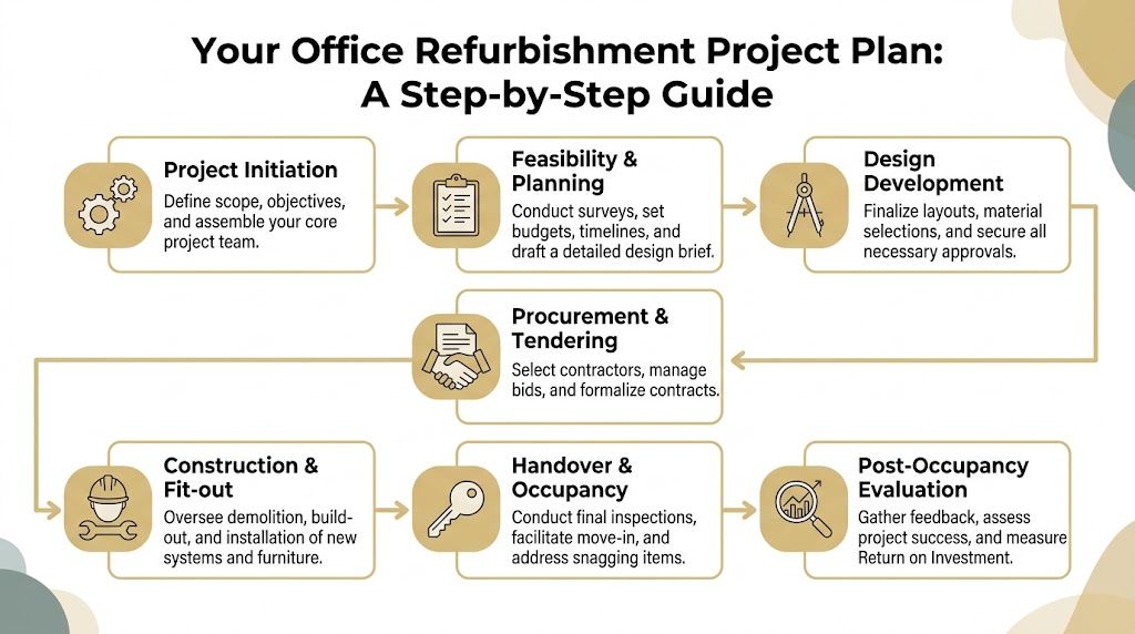 A step-by-step infographic guide for an office refurbishment project plan, featuring key development and construction phases.