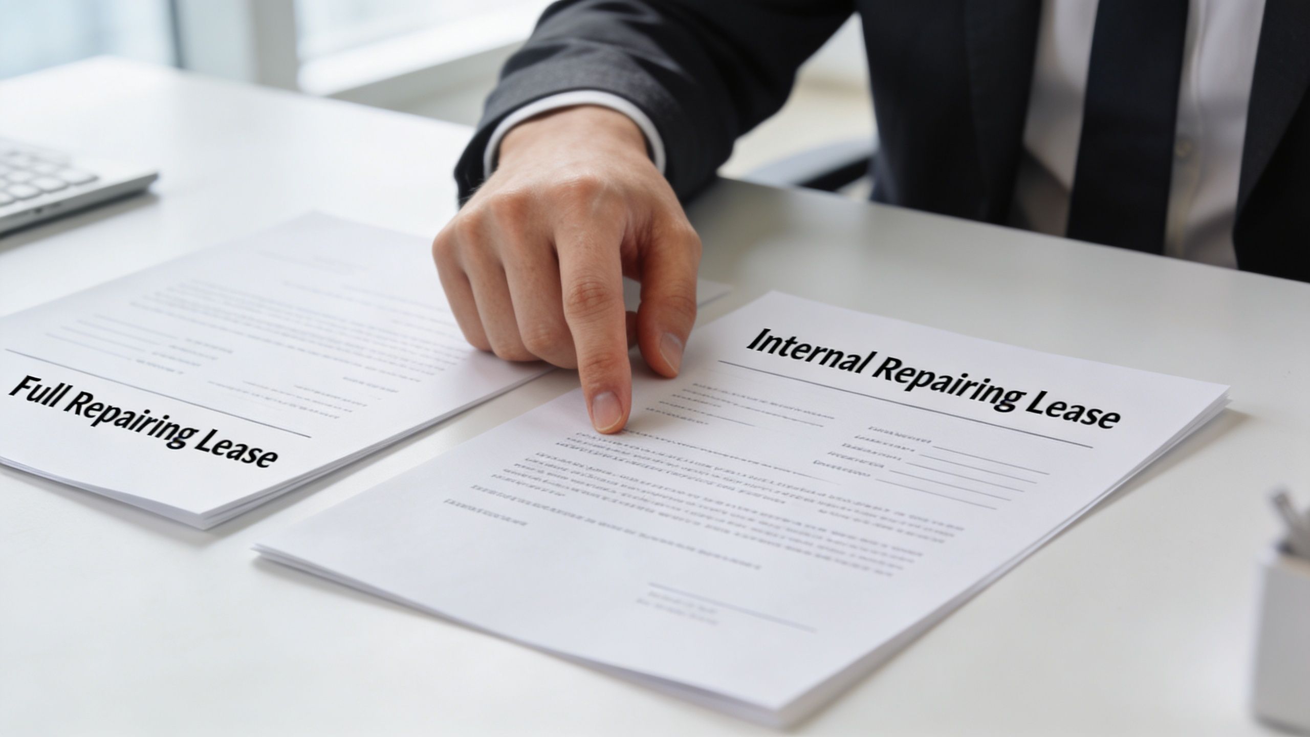 A professional in a suit reviewing legal document papers labeled Internal Repairing Lease and Full Repairing Lease.