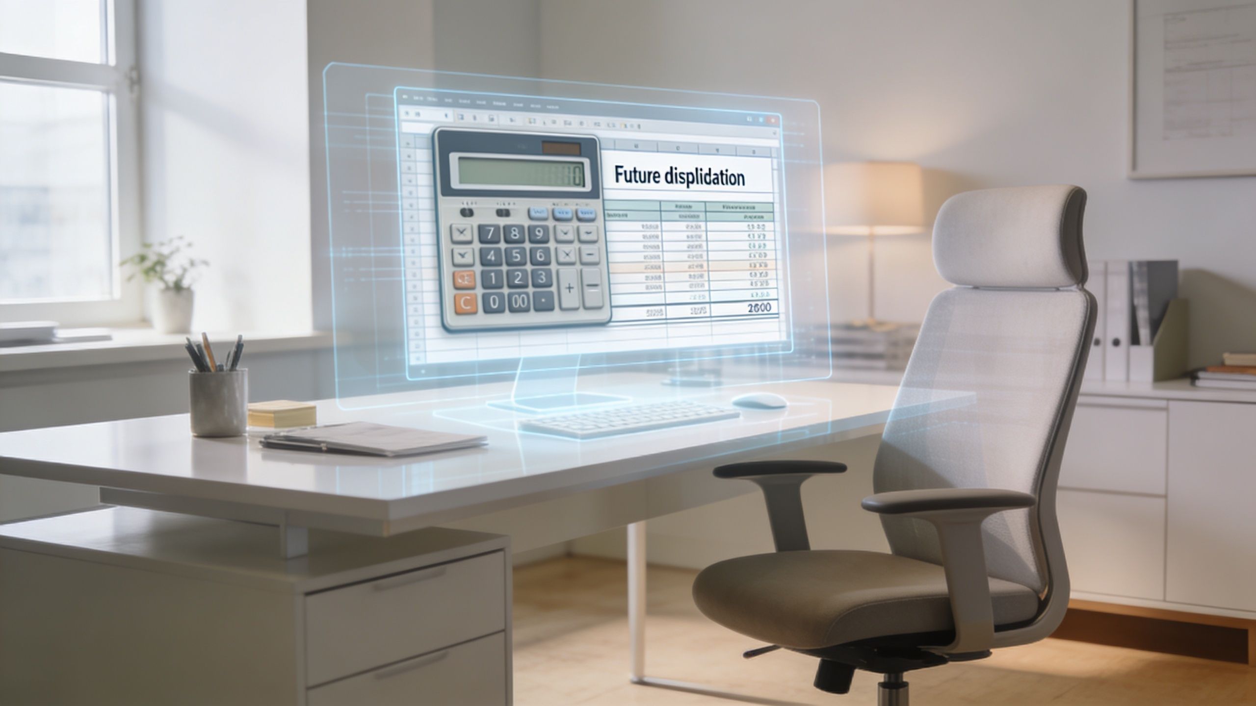 A holographic calculator floating above a desk in a modern, bright office with a chair.