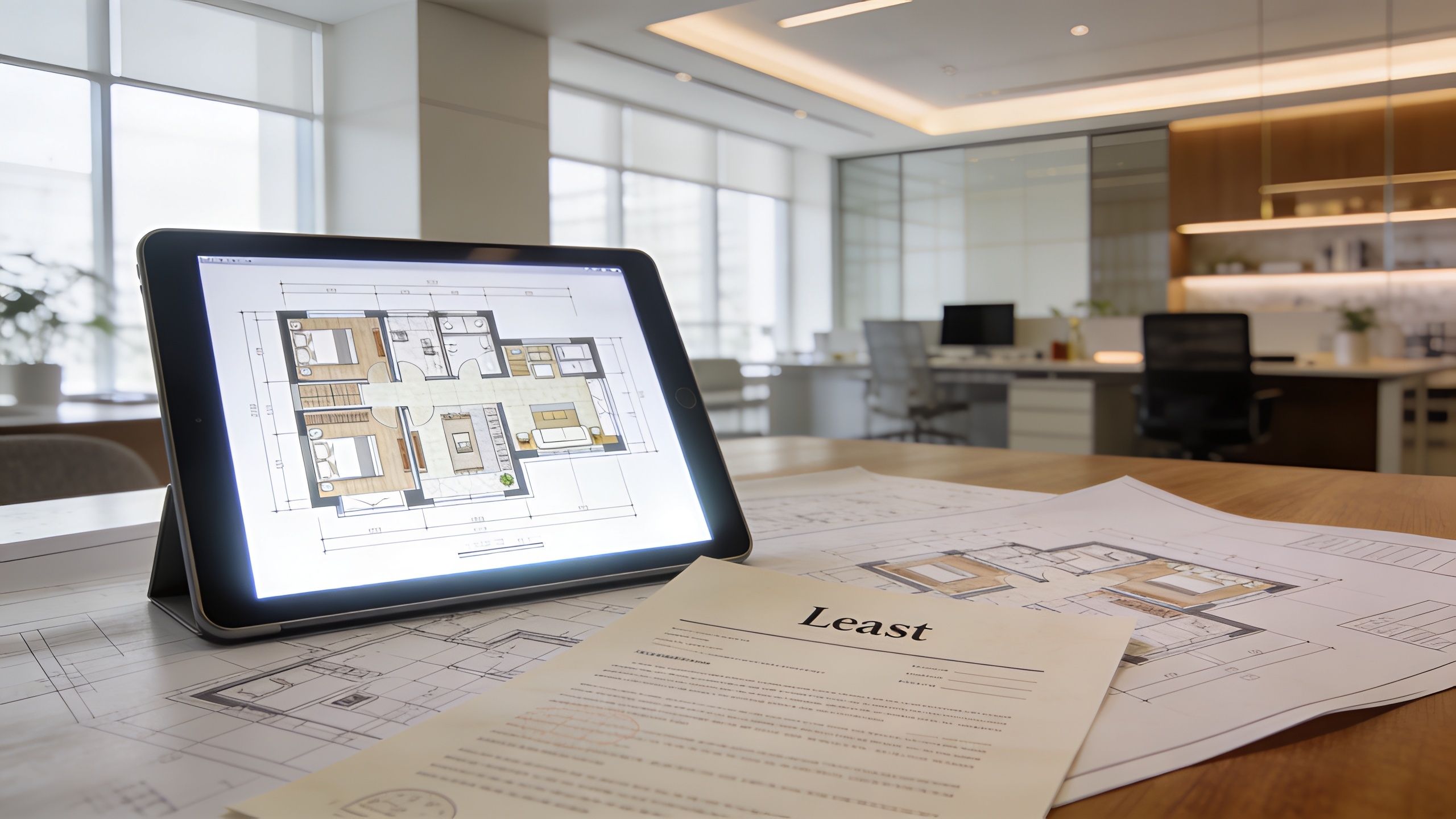 A tablet displaying a floor plan sits on a desk alongside printed blueprints and a lease document.
