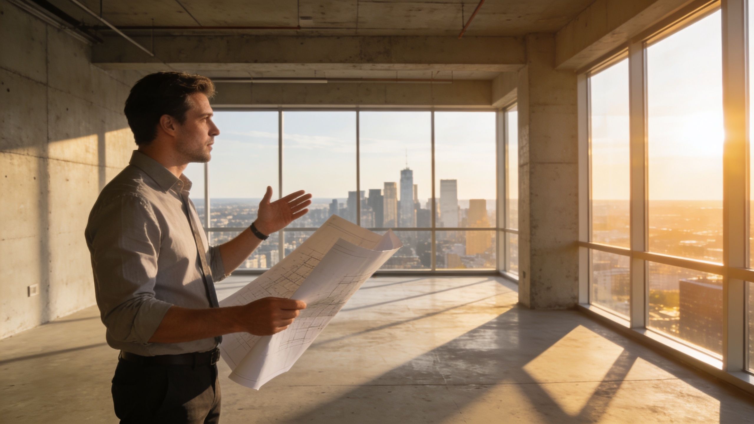 An architect standing in an unfinished modern office space looking out at the city sunset skyline.