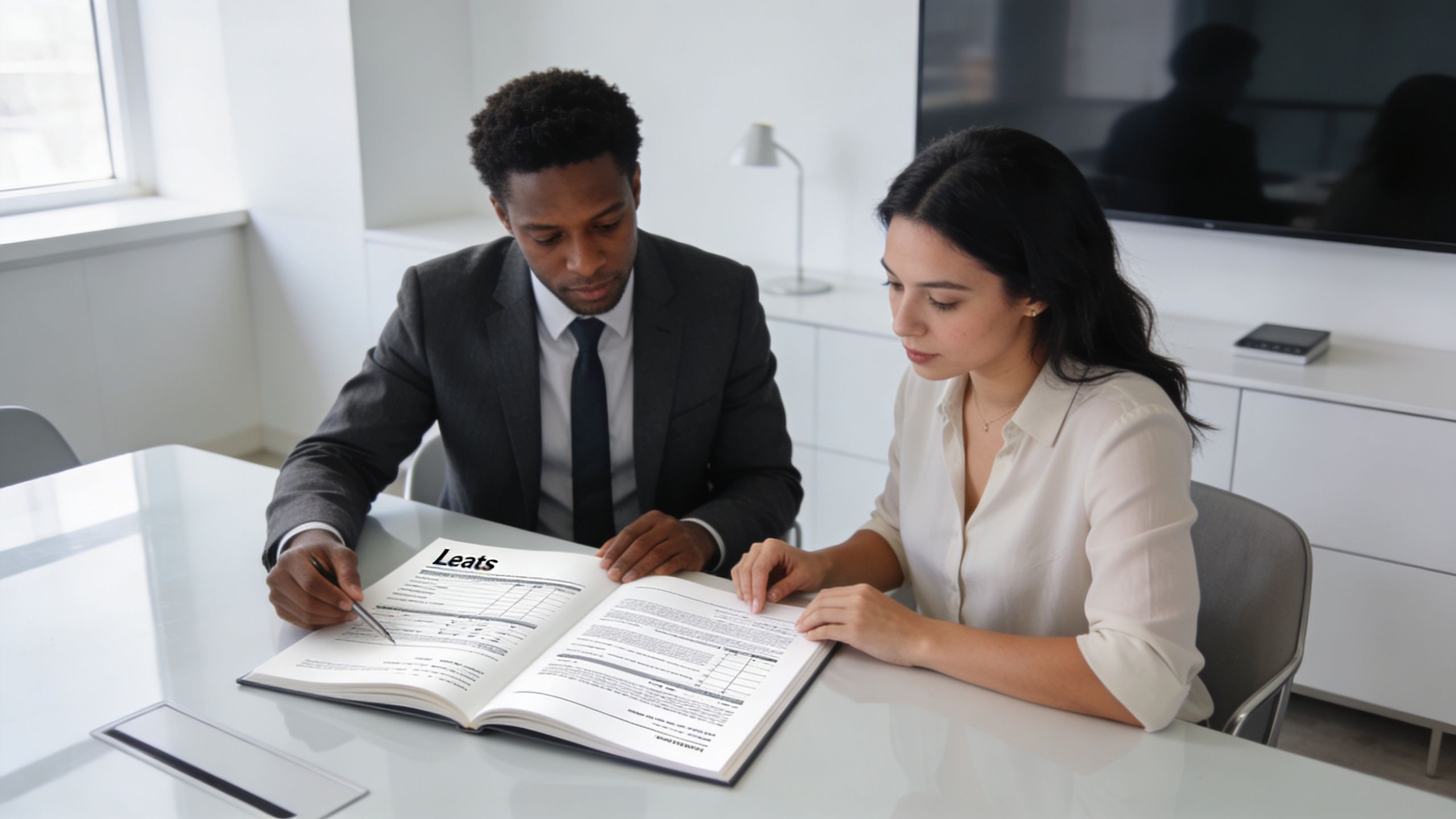 A professional man and woman review a leasing document together in a modern, bright office setting.