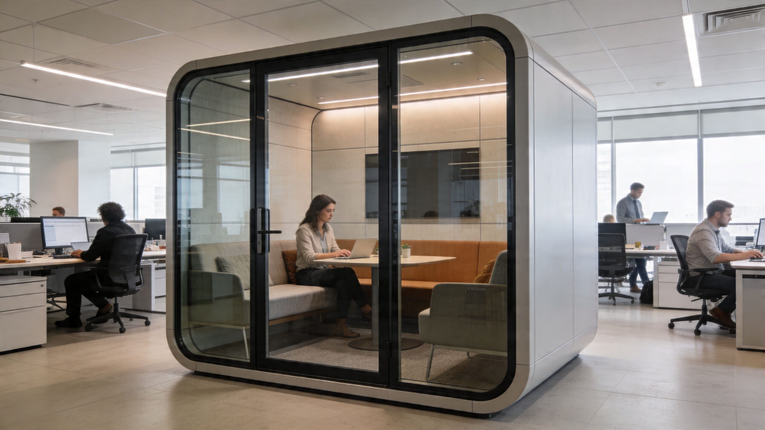 A professional woman working on a laptop inside a modern, glass-walled privacy pod in an office space.